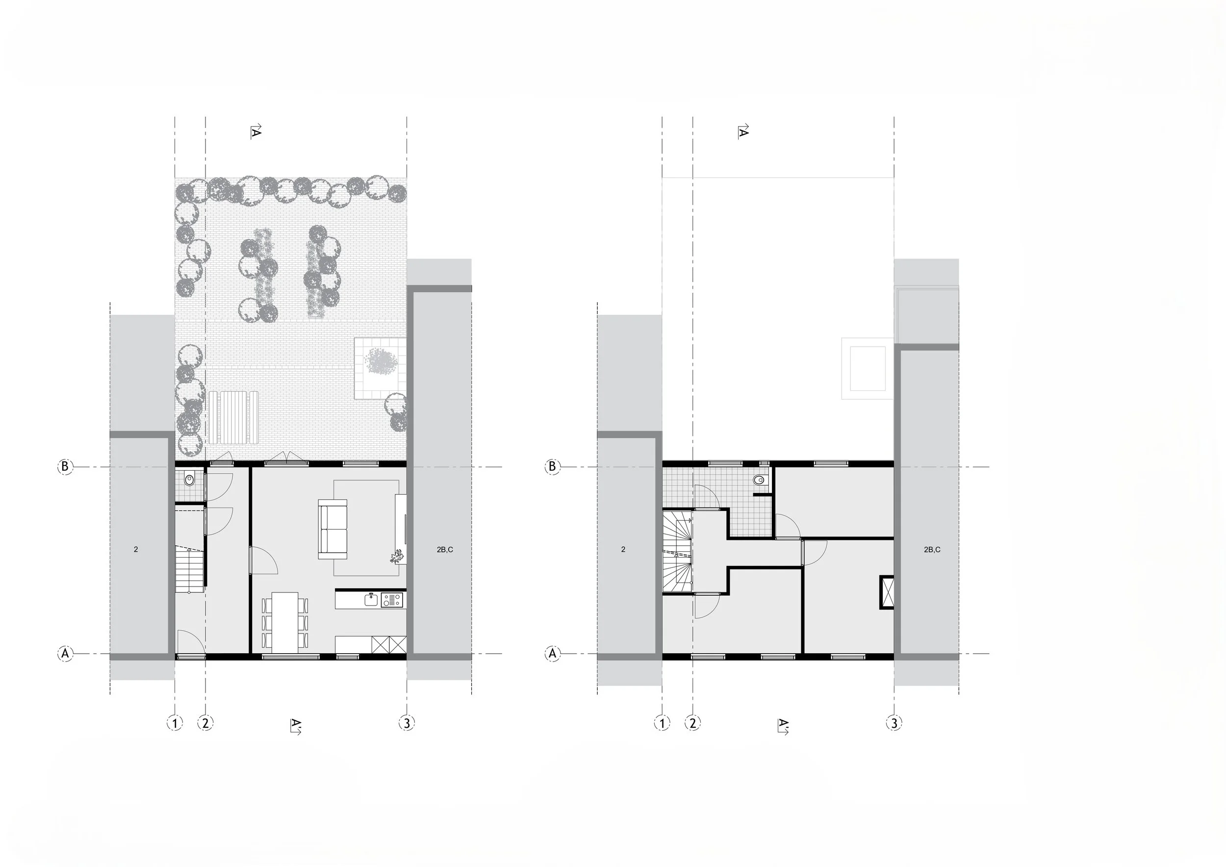 Plattegrond met AutoCad van een tweelaags woning met tuin. Begane grond toont woonkamer, keuken, eethoek, badkamer, hal en trap; eerste verdieping met slaapkamers, badkamer en overloop.
