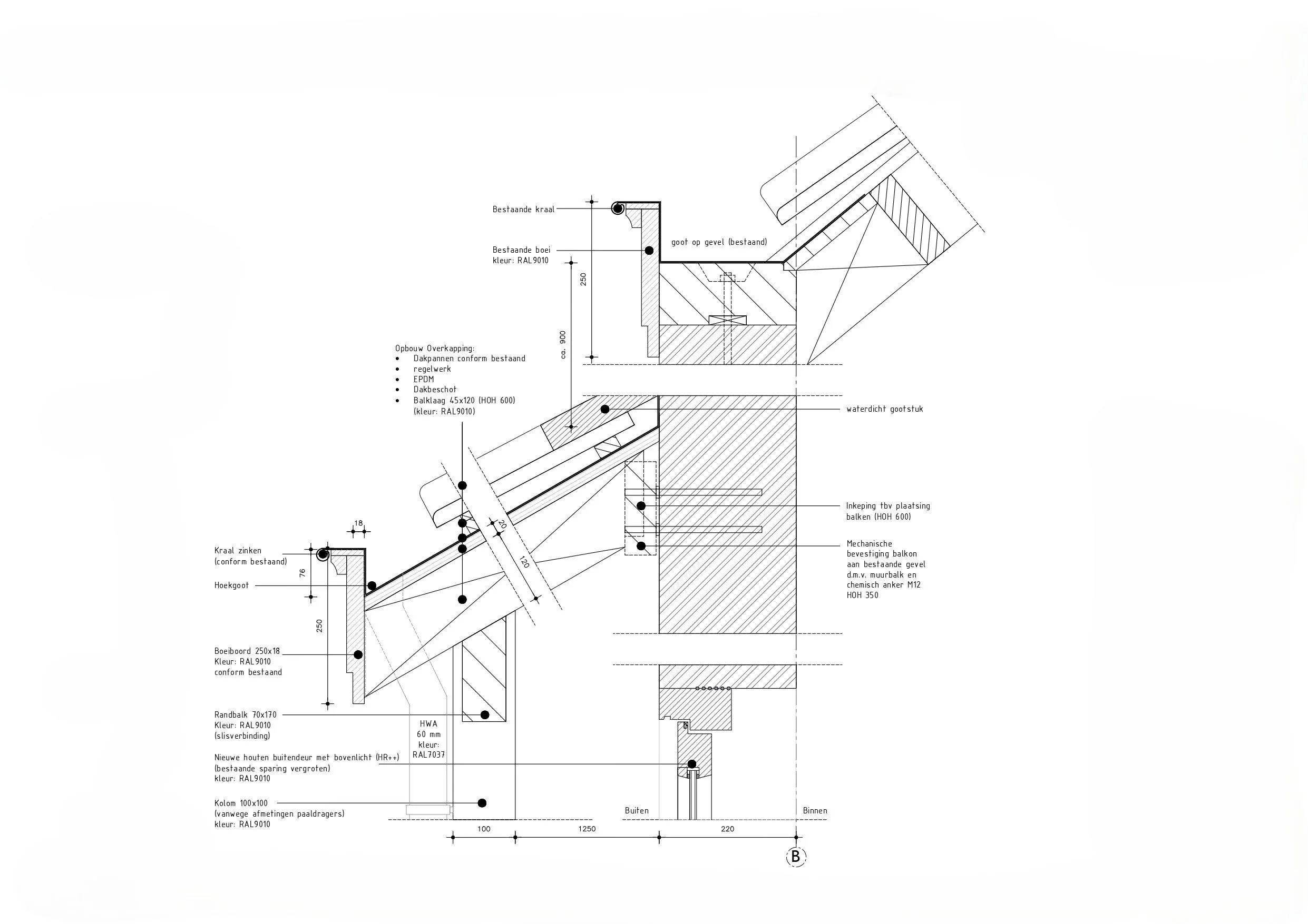 Technisch bouwtekening van een dakconstructie met details over houten balken, waterdichtingen en bevestigingsmaterialen.