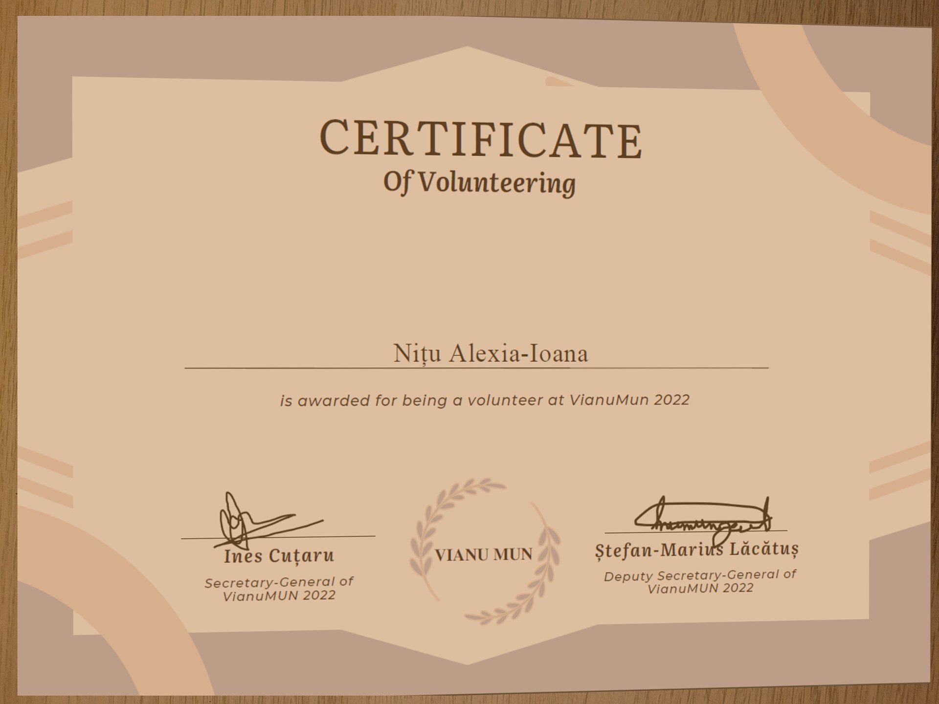 Certificate of Volunteering, VianuMUN 2022 Conference