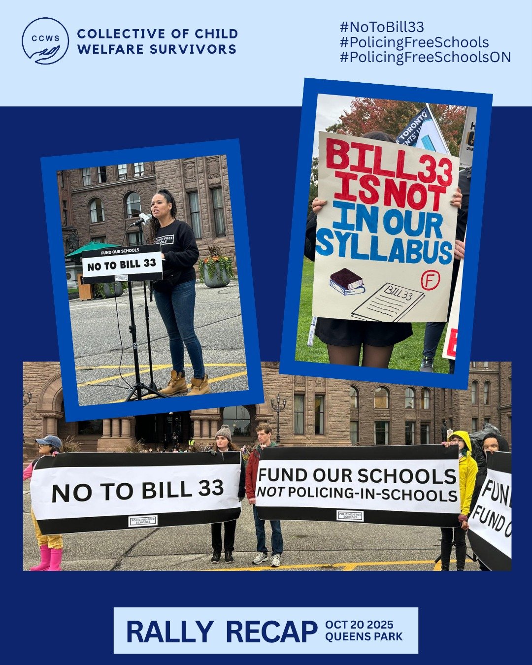 Last week on Oct 20 we joined our comrades @policingfreeschools at Queens Park to say 📣NO TO BILL 33. 📣 We don't need police to make schools &quot;safe&quot;, we need properly funded education!

📣As @vegas.ink said during their speech: 

&quot;For