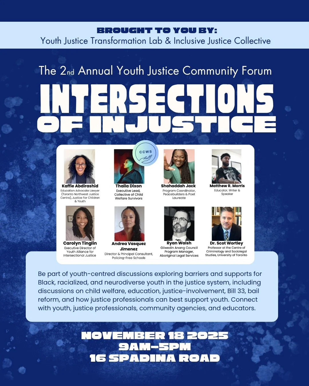 Resharing from @peacebuildersca ! Next week, catch CCWS executive lead @vegas.ink in conversation. 
-
-
-
Join us for the Youth Justice Transformation Lab and Inclusive Justice Collaborative's Youth Justice Community Forum

November 18, 2025 
9:00 AM