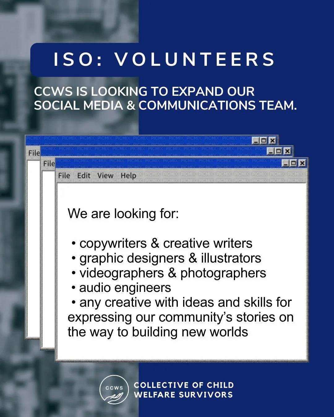 Want to Support CCWS? Volunteer with Us! CCWS is looking to expand our social media and communications team.

We are looking for:
⭐copywriters and creative writers
⭐graphic designers and illustrators
⭐videographers and photographers
⭐audio engineers
