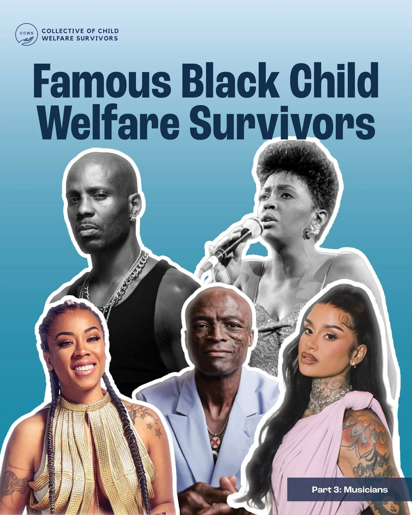 BLACK HISTORY MONTH: PART 3
Today we are highlighting the lives of famous Black musicians with connections to the child welfare system. Do you know their stories?

✊🏾 @kehlani
✊🏾 @seal
✊🏾 @keyshiacole
✊🏾 Anita Baker
✊🏾 @dmx

Check the slides to 