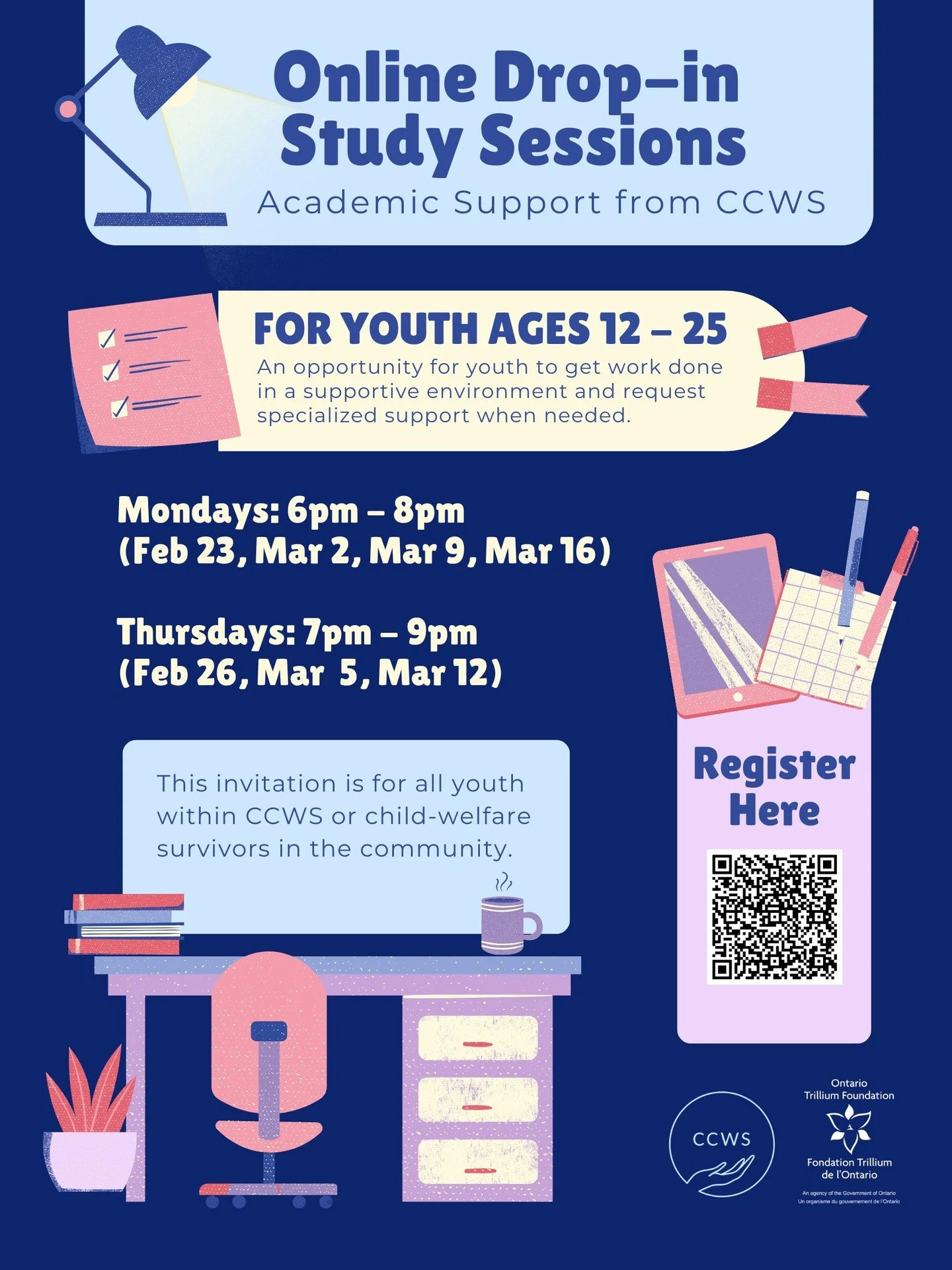 An opportunity for youth ages 12-25 to get work done in a supportive environment and request specialized support when needed. This invitation is for all youth within CCWS or child-welfare survivors in the community. 

Join us in this casual environme
