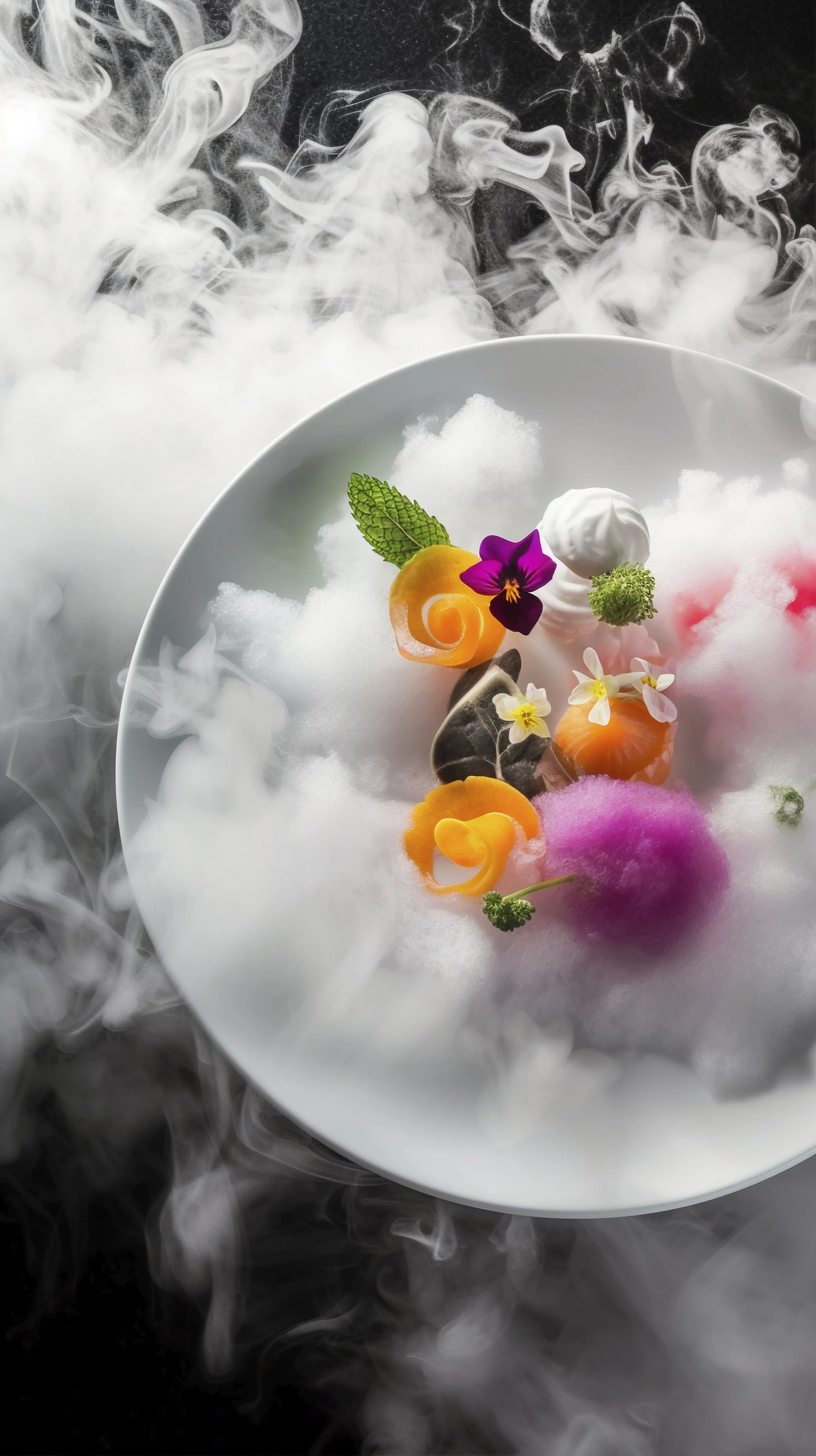 Une assiette de desserts colorés entourée de fumée de glace carbonique, décorée de fleurs et de feuilles, avec un fond noir.