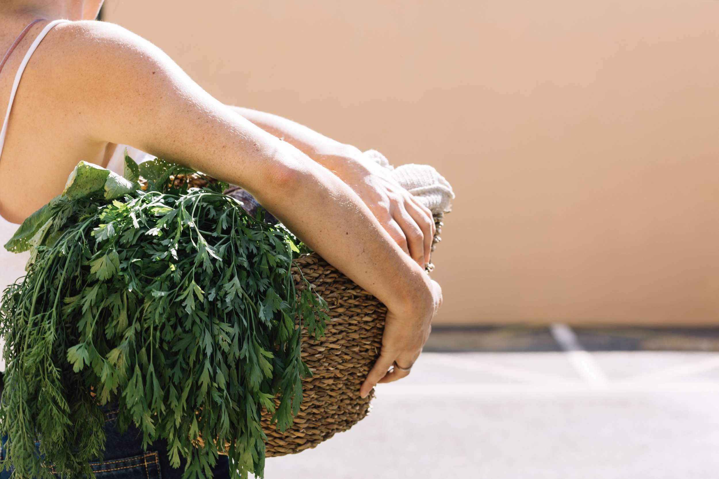 Bras d'une personne tenant un panier en osier rempli de feuilles vertes, fond beige clair.