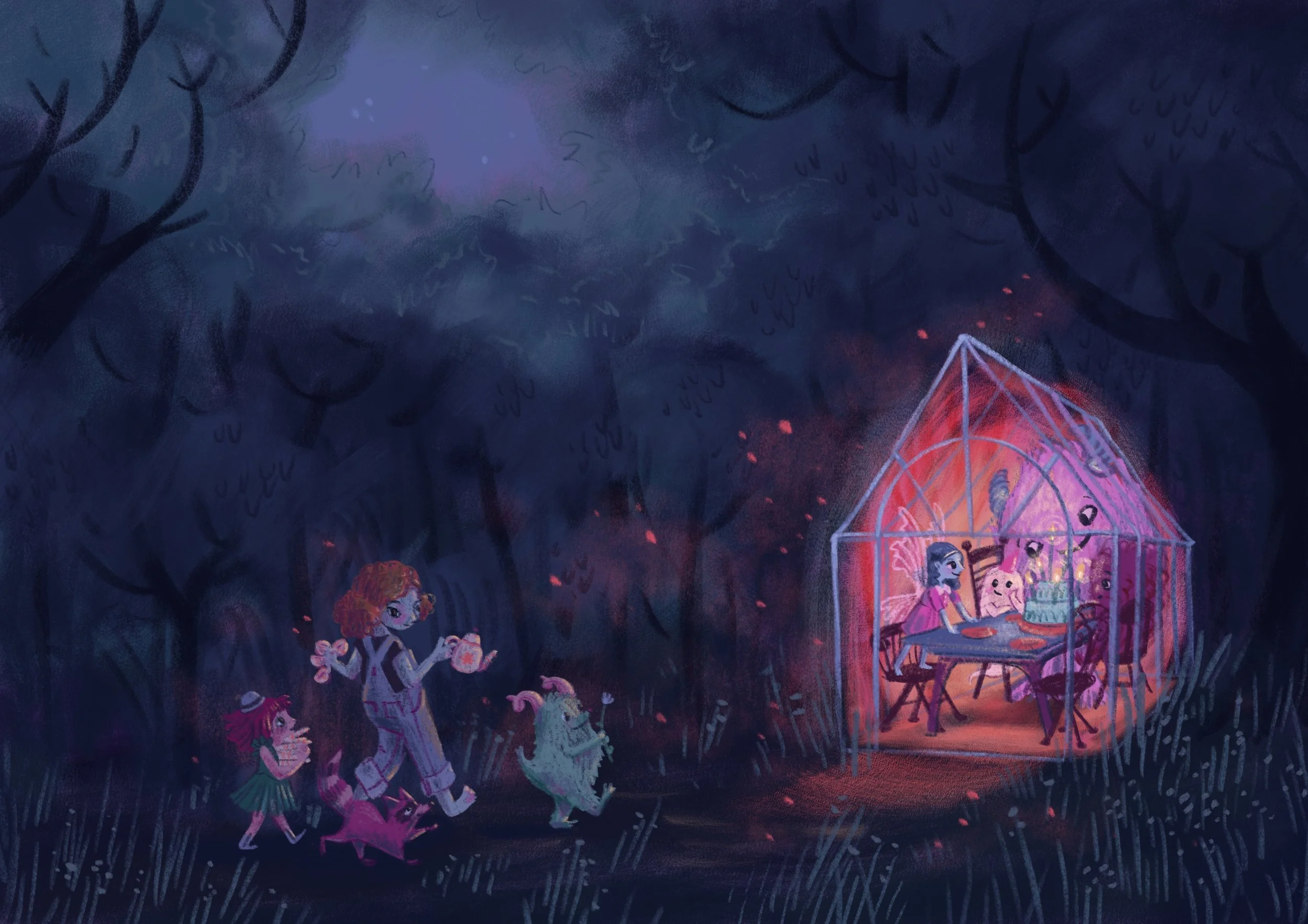 Evening Twilight Forest with magical tea party, witchy, monsters, elves, ghosts, fireflies, and a birthday cake. Author-Illustrator Mari Richards picture book illustration and art full of monsters, animals, quirky kids, diversity, and magic.
