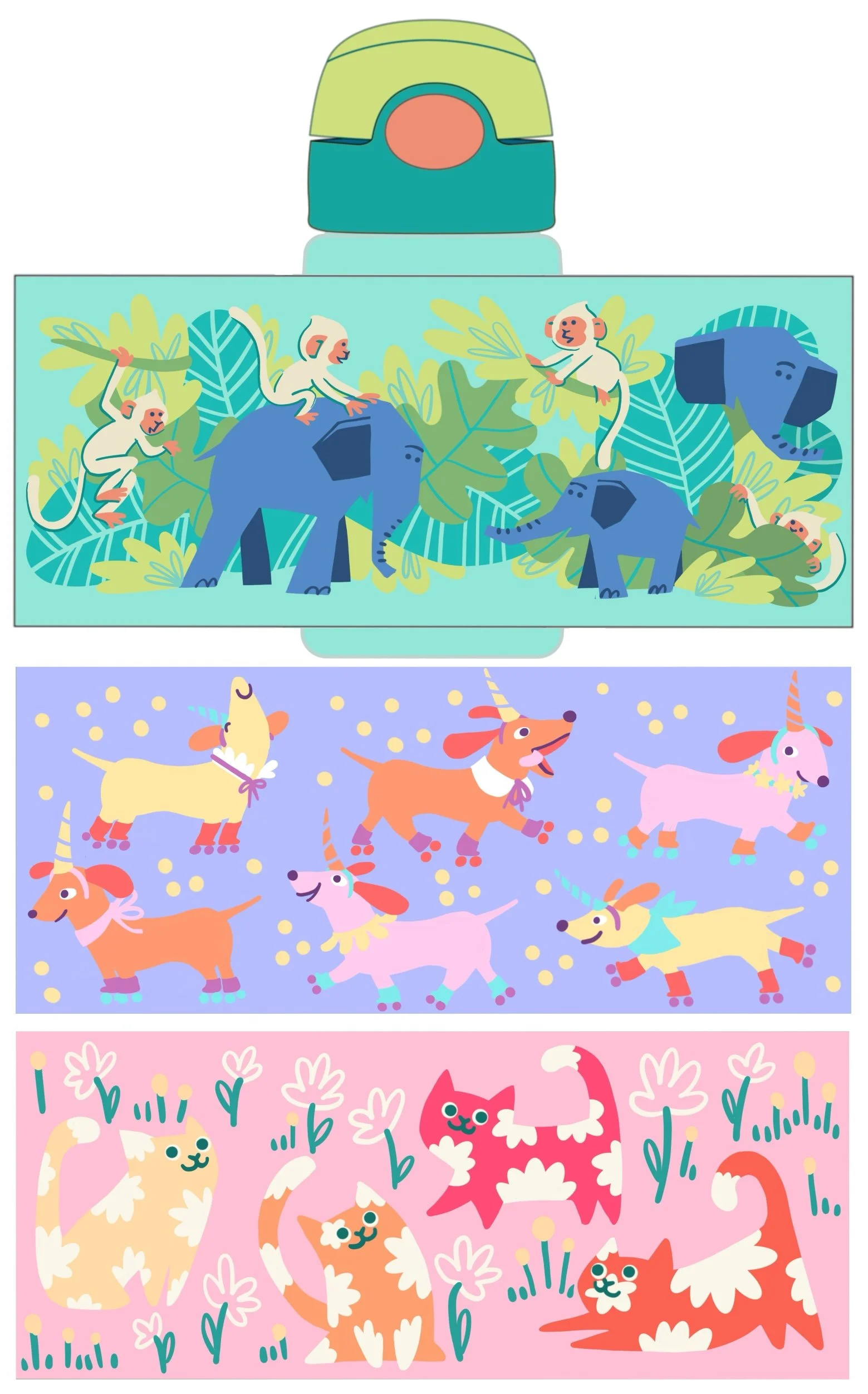 Water Bottle: Colorful illustrations of monkeys on elephants in a jungle, unicorns and dogs with confetti, smiling cats among flowers. Author-Illustrator Mari Richards picture book illustration, toy design, art, monsters, animals, quirky kids, magic.