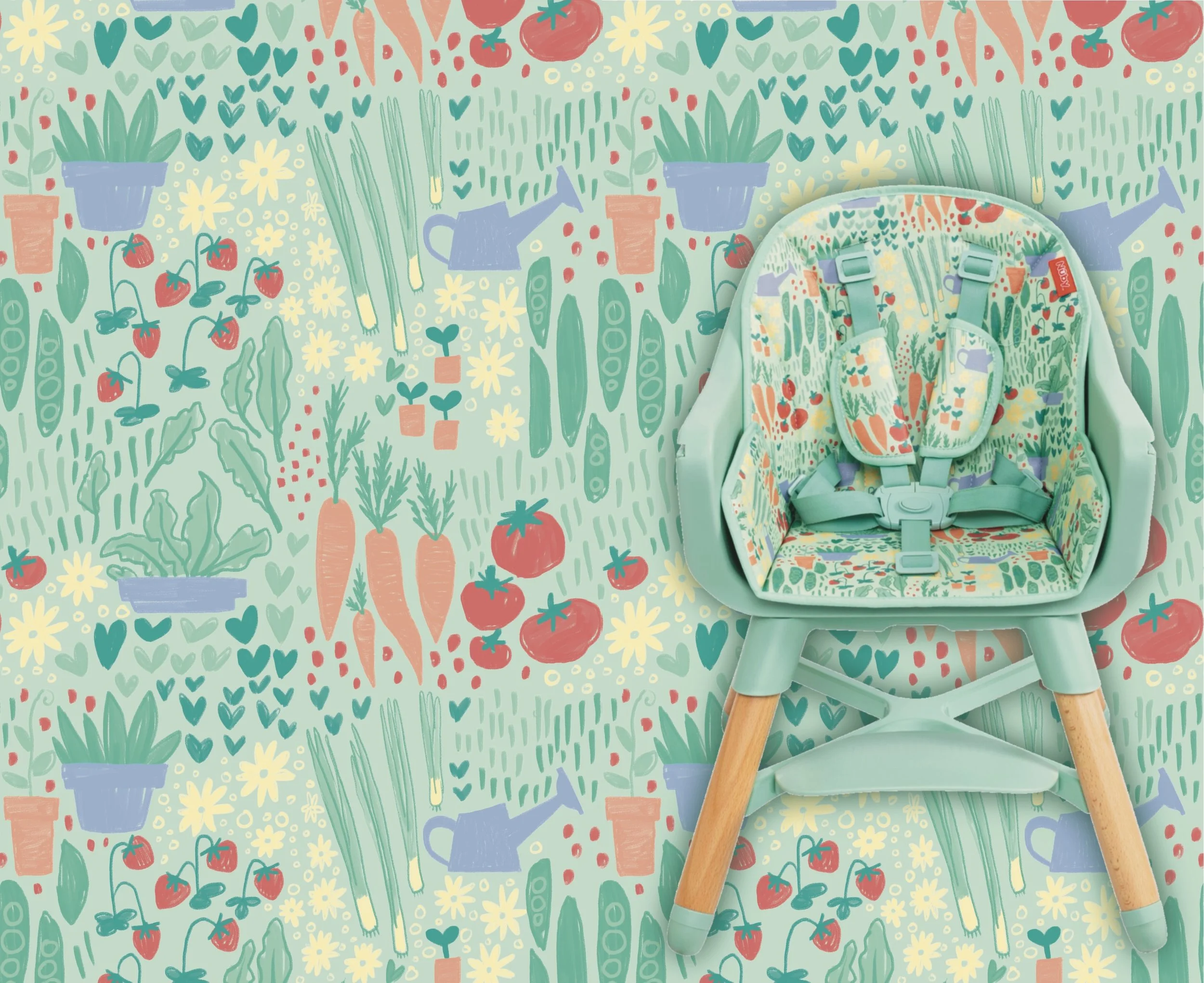 Surface pattern illustration and design: A mint green high chair with a colorful botanical pattern, garden-themed print featuring vegetables, flowers, and watering cans. Author-Illustrator Mari Richards picture book illustration, toy design, art