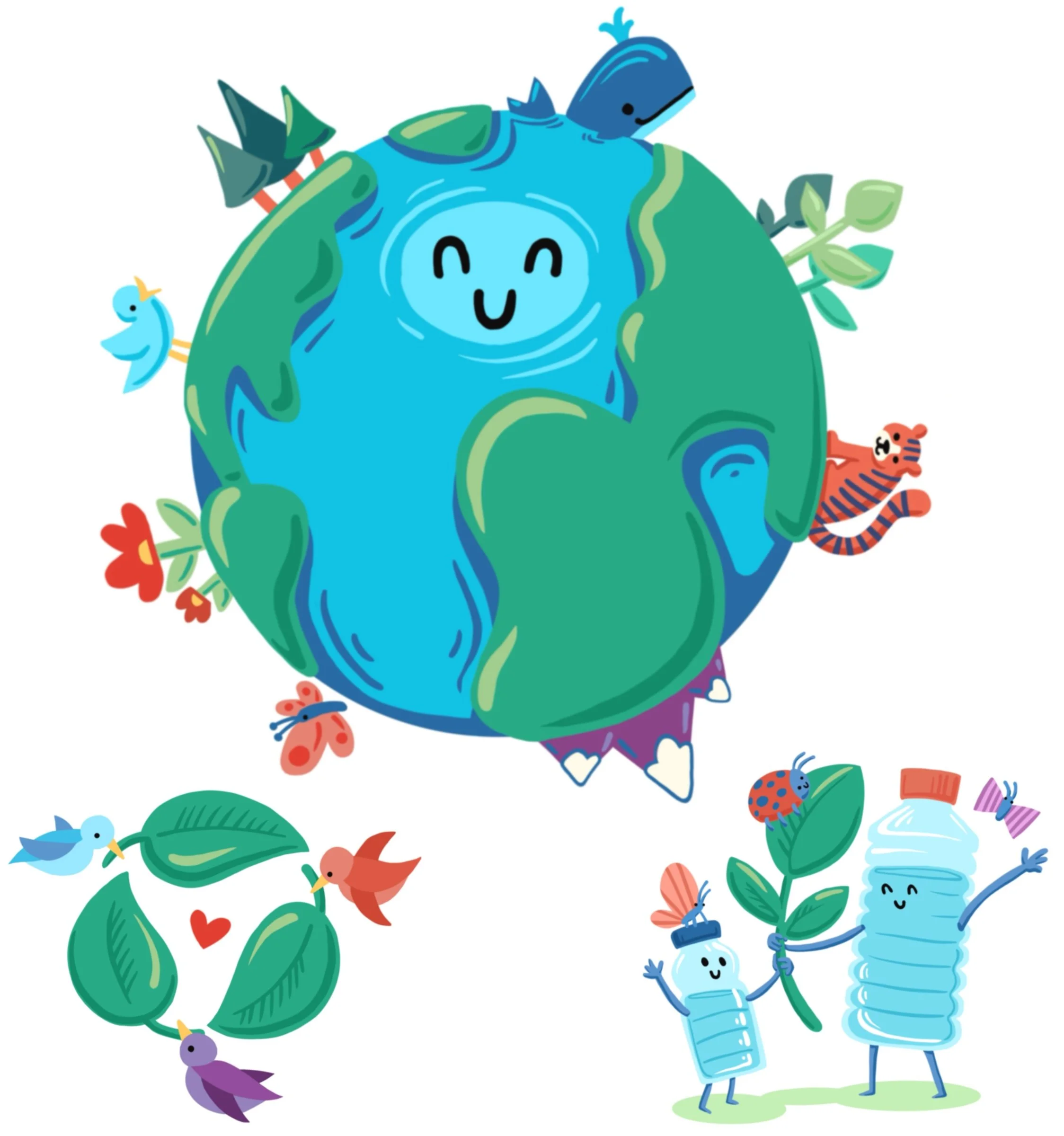 Surface Pattern Design and Illustration - Earth day environment climate change conservation illustrations of earth, recycling leaves, water bottles. Author-Illustrator Mari Richards picture book illustration and art full of monsters, animals. 
