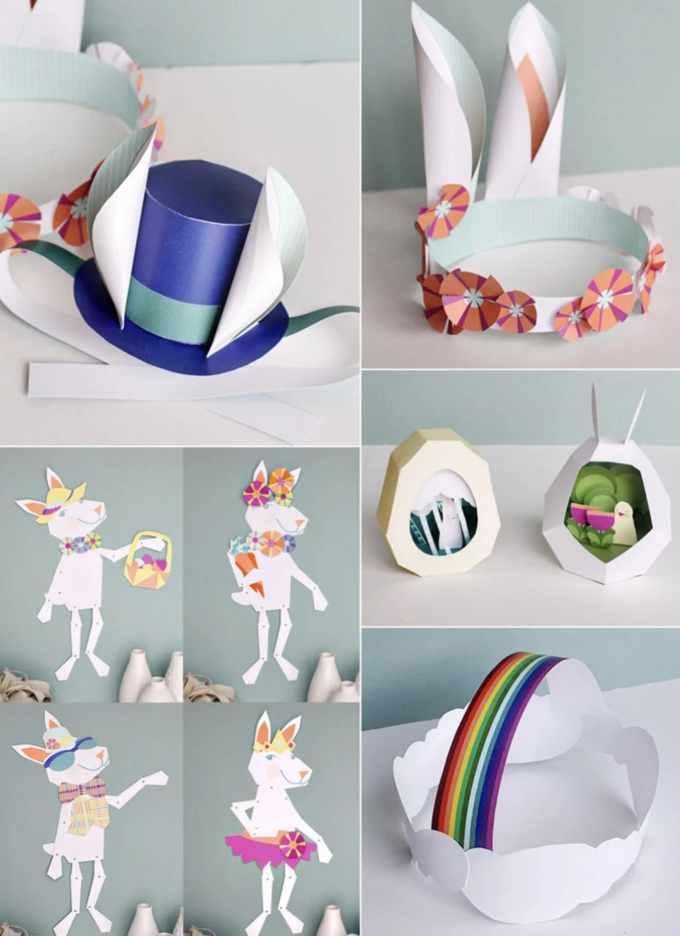 handmade paper crafts illustrations and a blue top hat, paper bunny headbands, a rainbow crown for kids birthday parties, dress up, and decorative paper nests with eggs.  Author-Illustrator Mari Richards picture book illustration and art