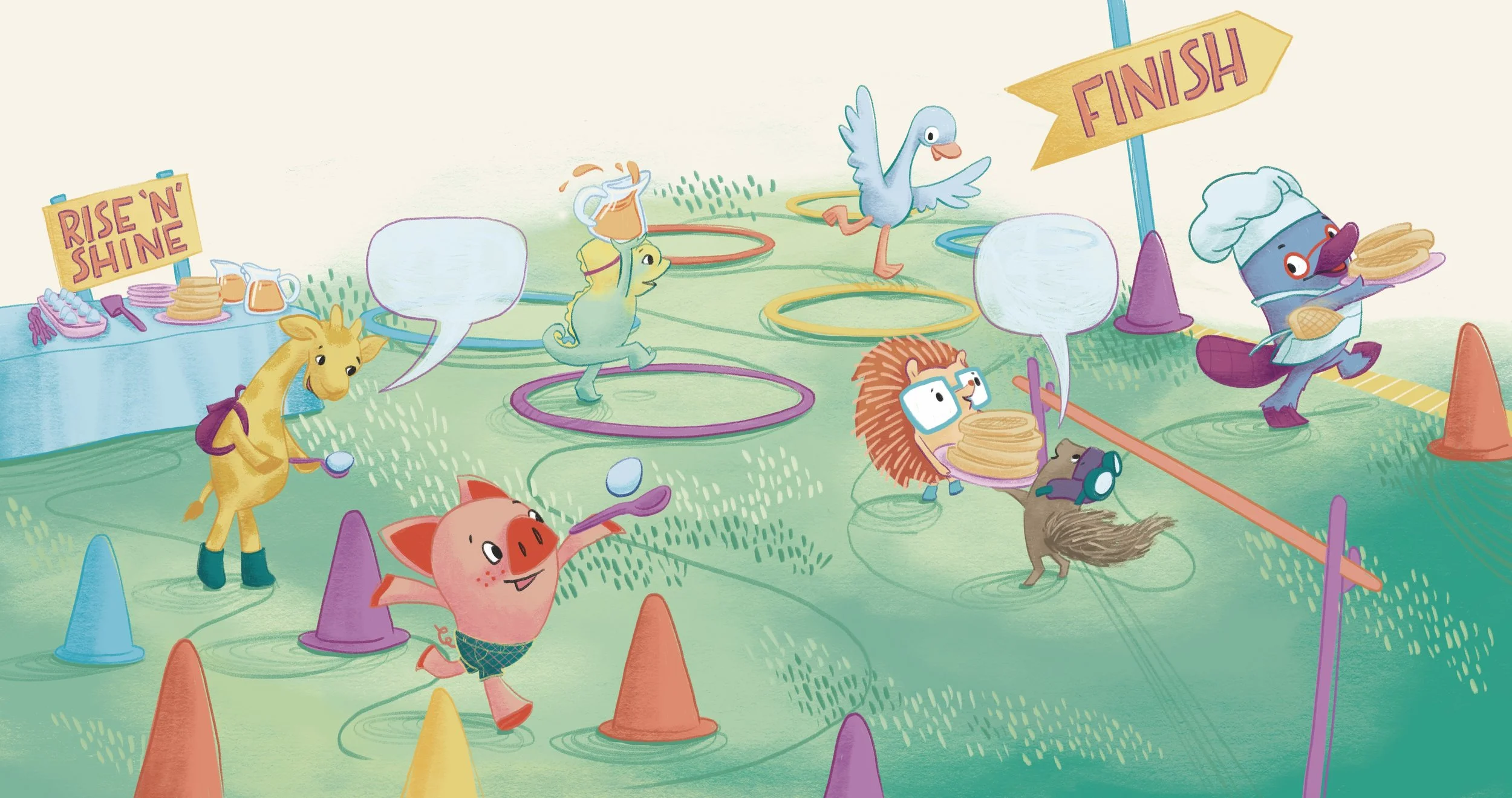 Archie and Pip picture book illustrated scene of a backyard obstacle course full of breakfast and waffles, limbo and finish line. Author-Illustrator Mari Richards picture book illustration, art, monsters, magic.