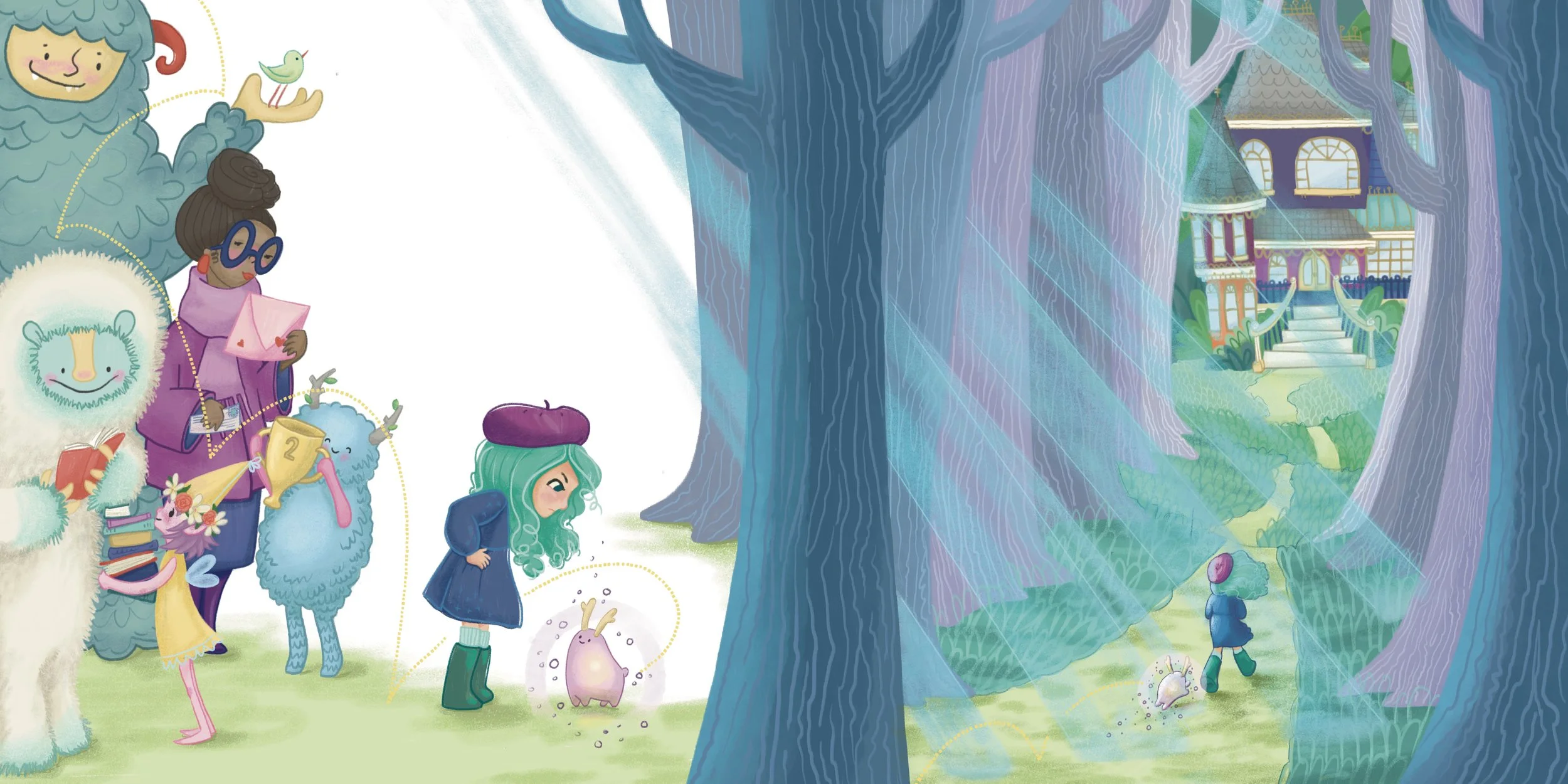 Illustration of a whimsical forest scene with a girl walking along a path, magical creatures, victorian house in the woods. Author-Illustrator Mari Richards picture book illustration and art full of monsters, animals, quirky kids, diversity, magic