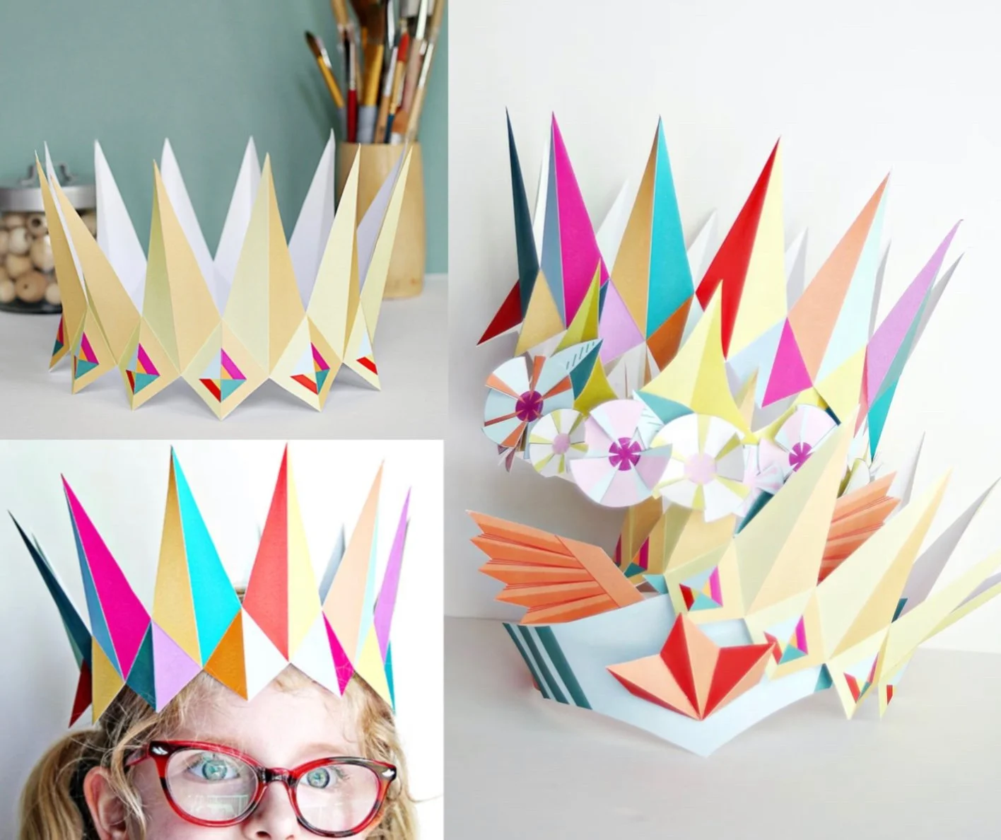 Colorful paper origami crown and sculptures made from folded paper, girl wearing a folded paper crown. Author-Illustrator Mari Richards picture book illustration and art full of monsters, animals, quirky kids.