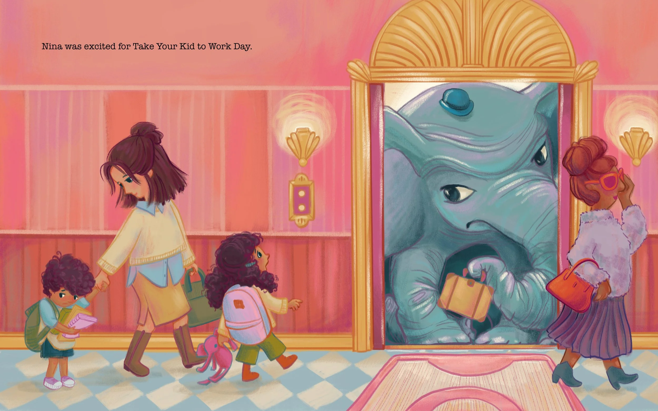 A mom and kids walking through a whimsical hallway with pink walls, heading toward an elevator stuffed with a grumpy business attire elephant. Author-Illustrator Mari Richards picture book illustration and art full of monsters, animals, quirky kids.
