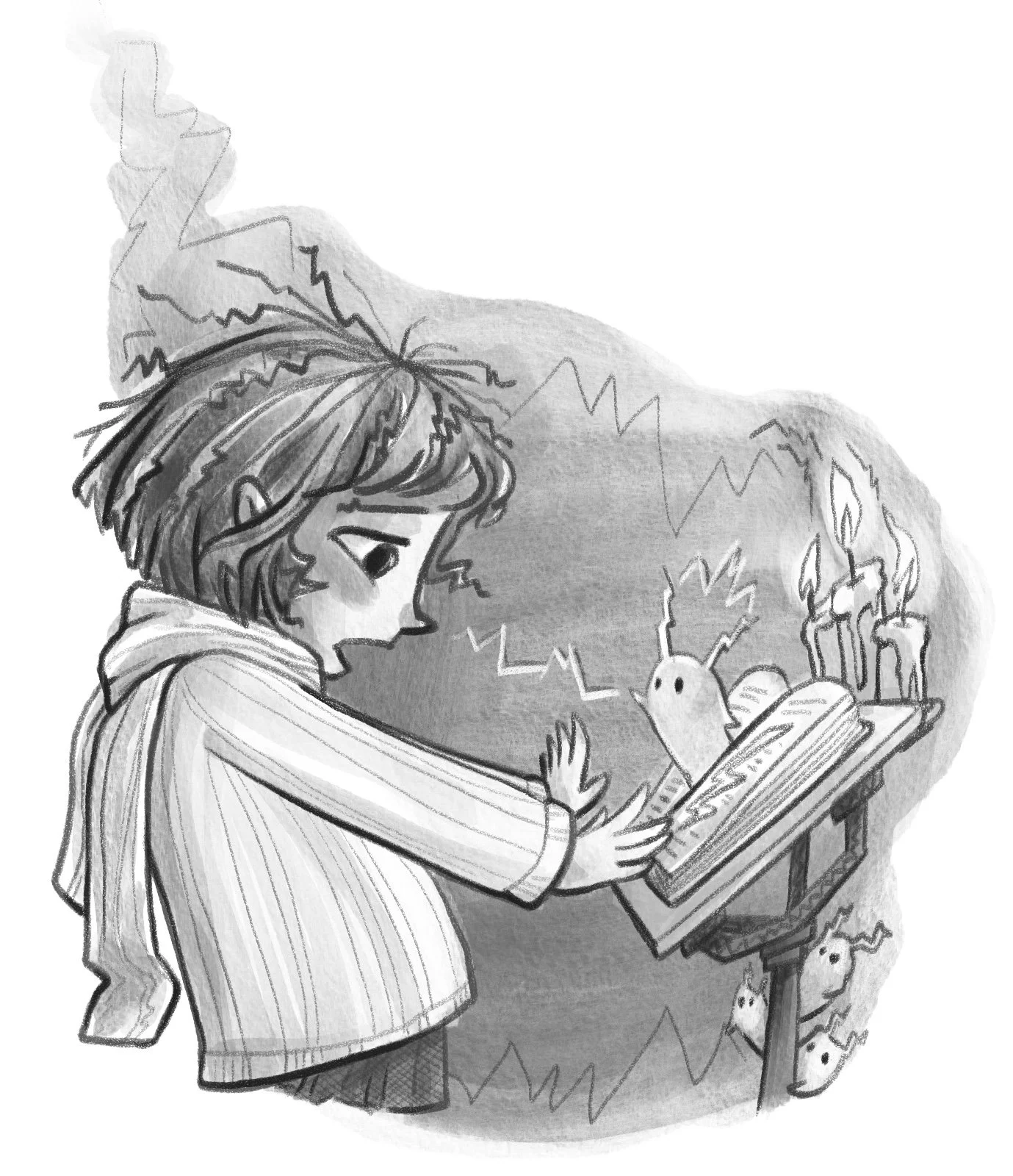 A girl with short hair wearing a beanie, reading a book with a ghostly creature and candles on a table, surrounded by small ghosts. Author-Illustrator Mari Richards picture book illustration and art full of monsters, animals, quirky kids, diversity.