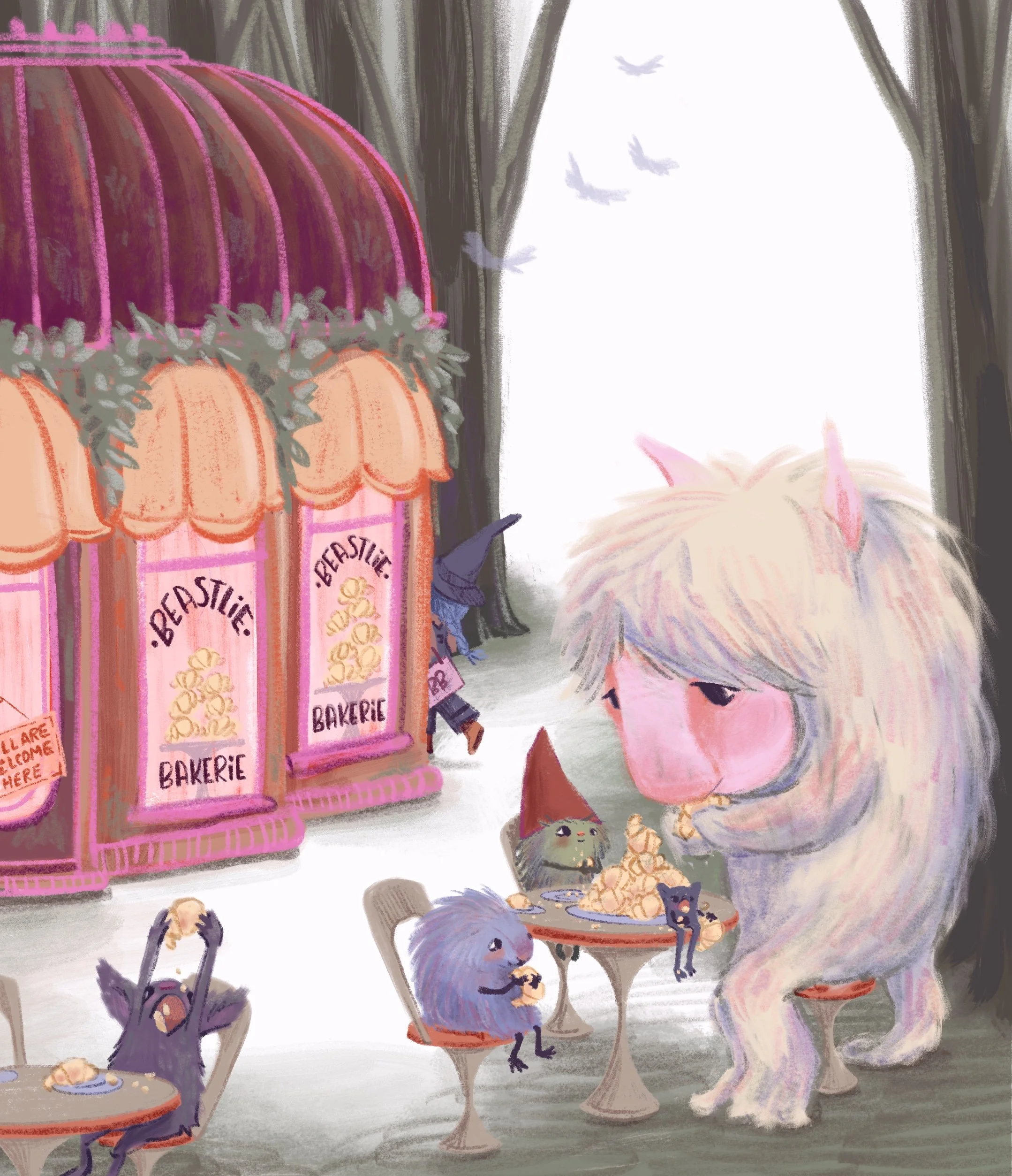 A whimsical scene of a bakery with pastel-colored monsters, creatures, and witch in a wooded magical forest. Author-Illustrator Mari Richards picture book illustration and art full of monsters, animals, quirky kids, diversity, and magic.