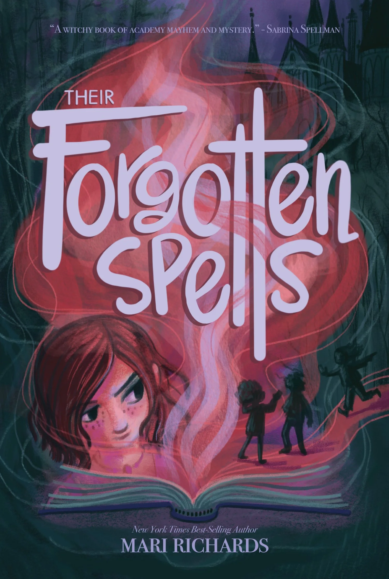Middle grade cover anrt mock-up The Forgotten Spells, magic, mayhem, secret academy, spell book, school. Author-Illustrator Mari Richards picture book illustration and art full of monsters, animals, quirky kids, diversity, and magic.