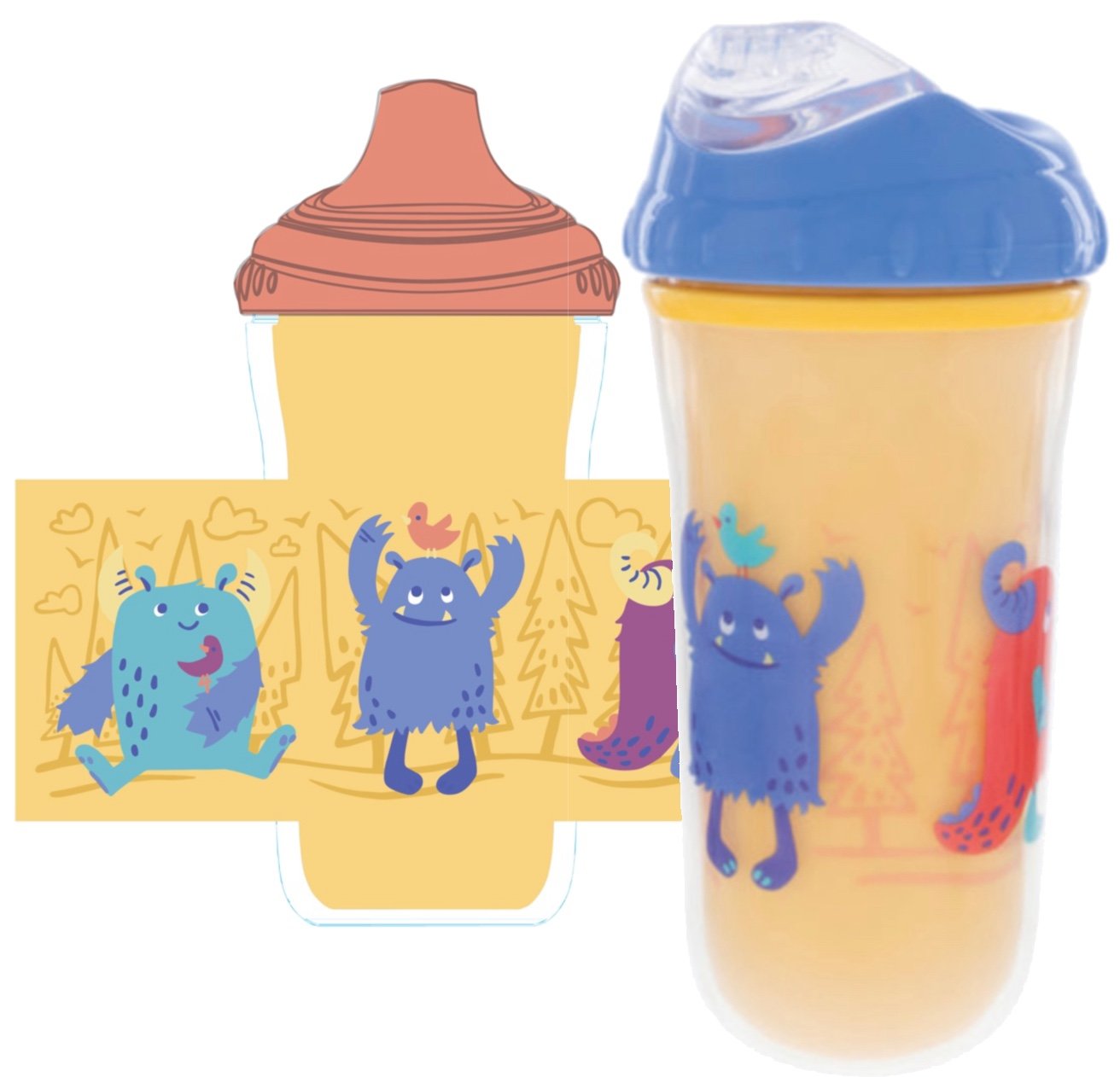 Surface Patter Design - Colorful sippy cup with monsters and birds. Author-Illustrator Mari Richards picture book illustration, toy design, art, monsters, animals, quirky kids, magic.