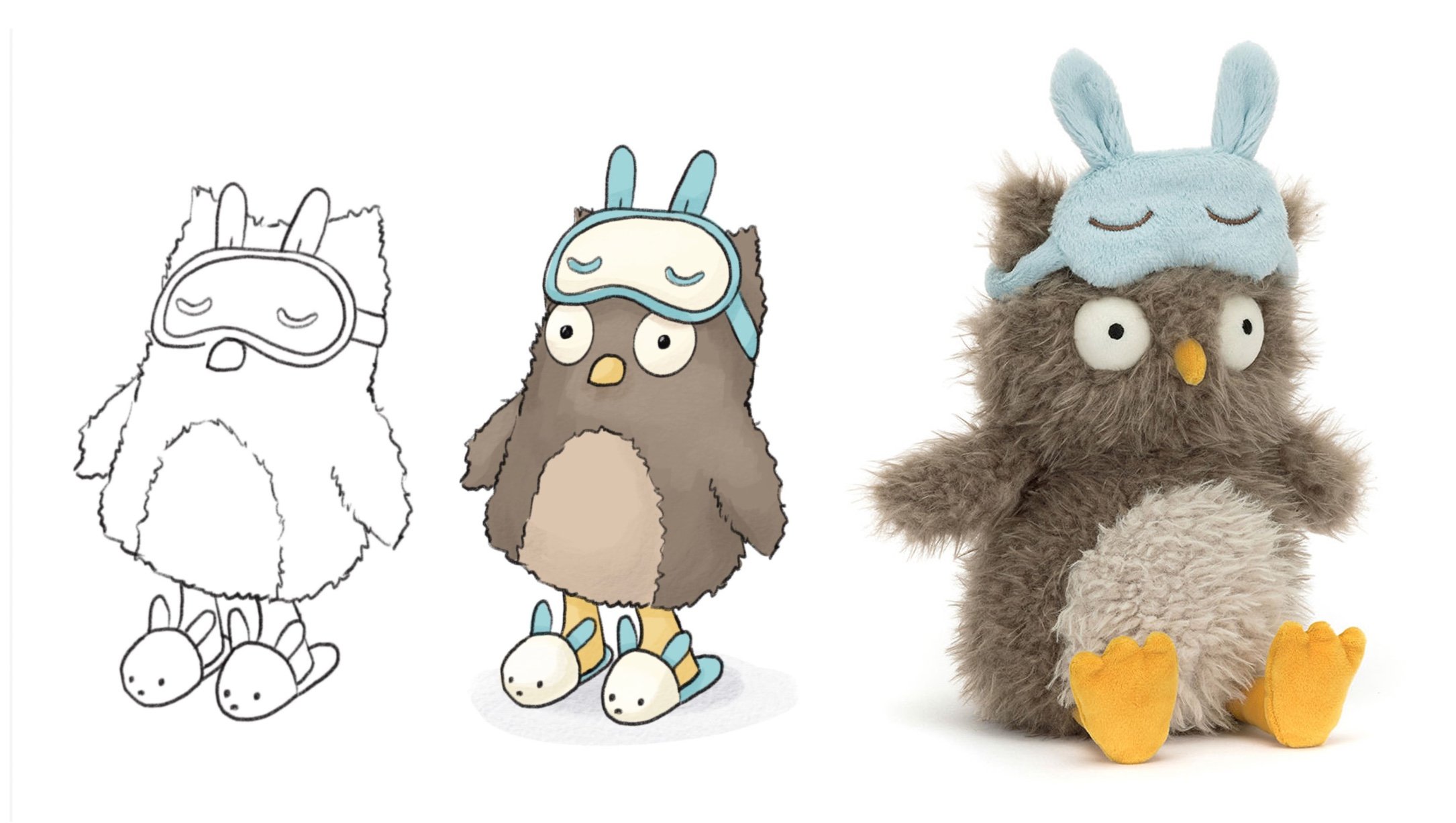 Character design, product design - Sweet sleepy owl with a sleep mask and furry slippers. Author-Illustrator Mari Richards picture book illustration and art full of monsters, animals, quirky kids.