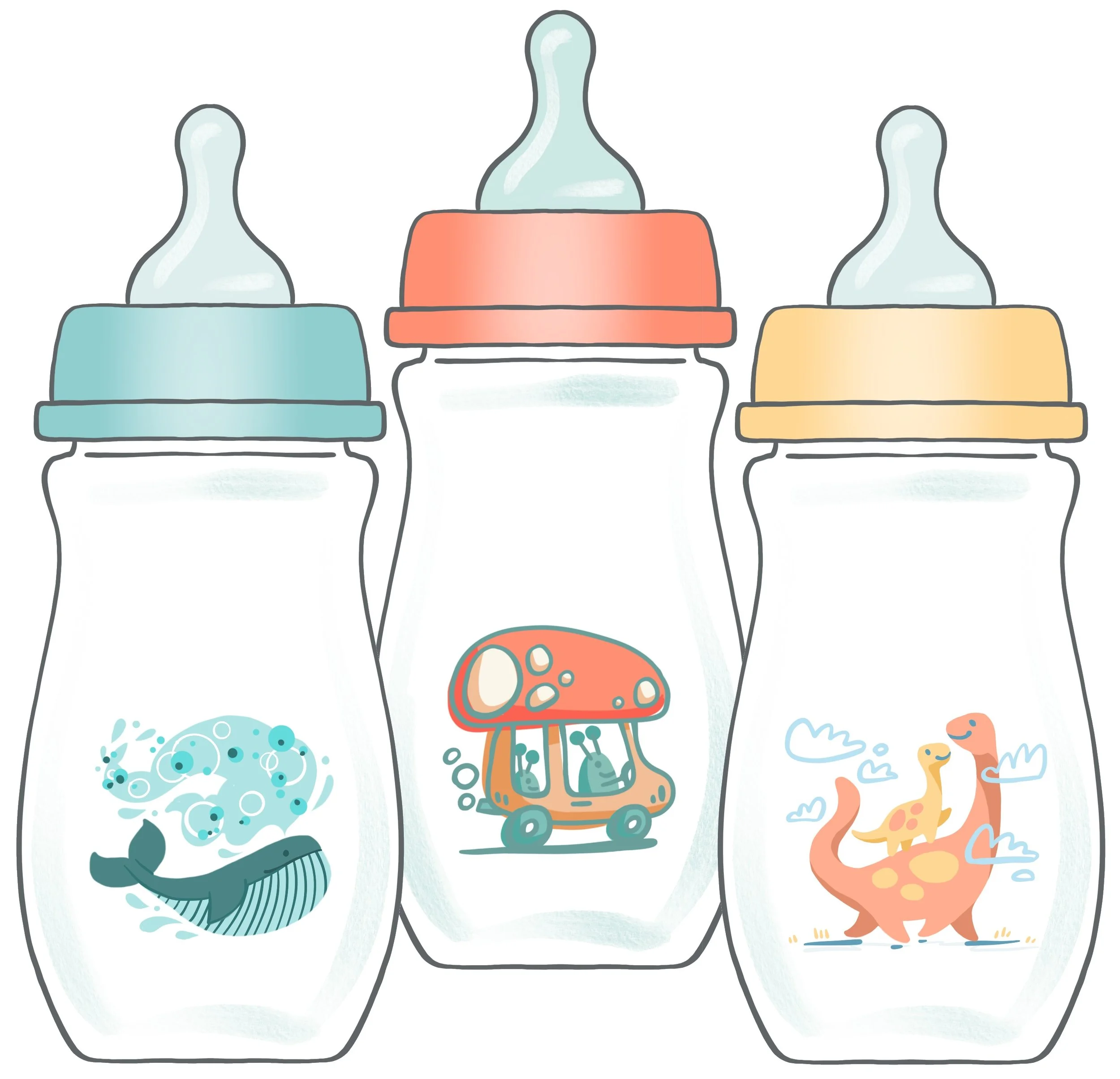 surface pattern design - Illustration of three baby bottles with colorful caps, featuring aquatic animals, a toy car, and dinosaurs. Author-Illustrator Mari Richards picture book illustration and art full of monsters, animals, quirky kids.