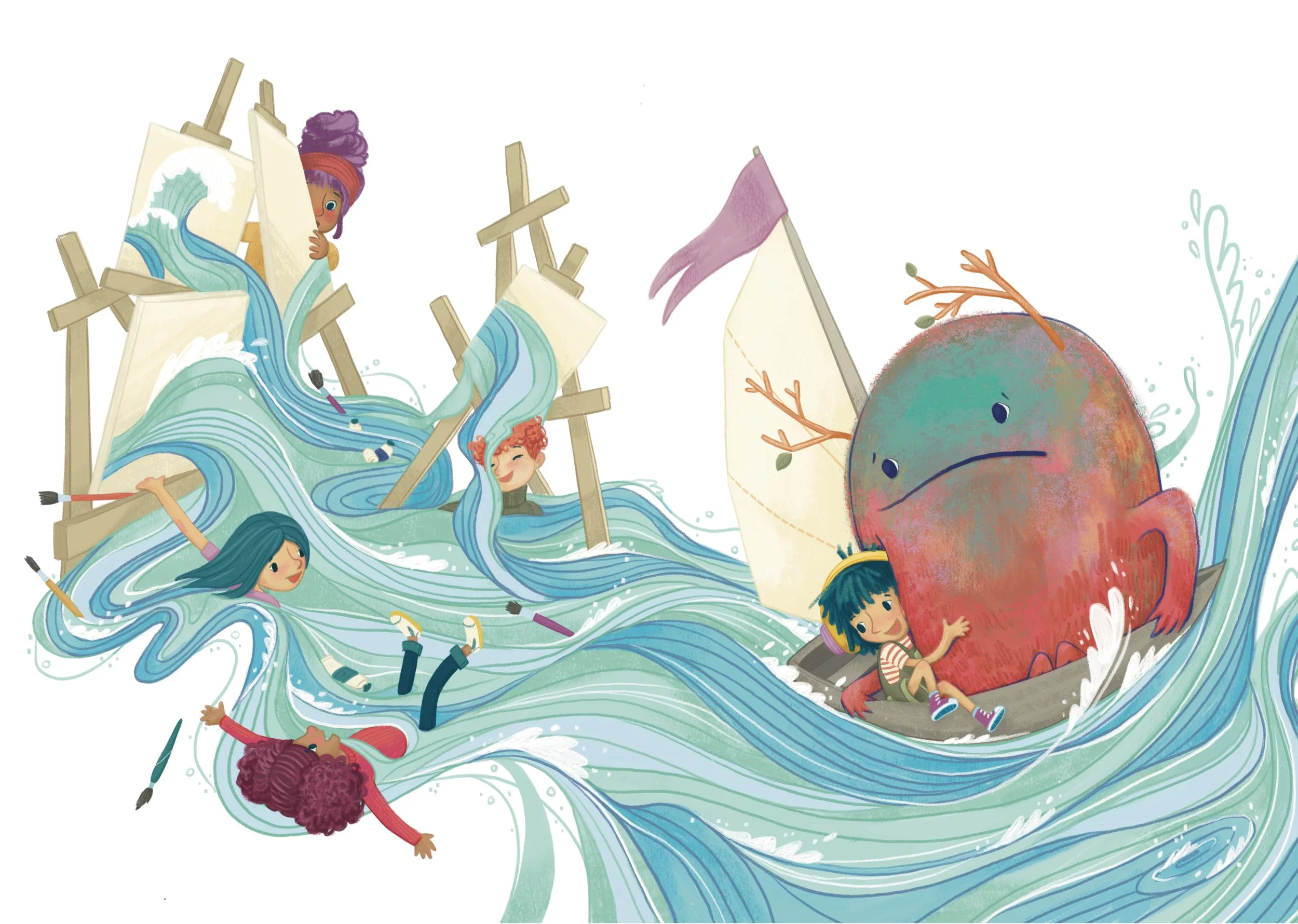 children and teacher on ocean waves spilling from their paintings, with a large abstract monster and a sailboat. Author-Illustrator Mari Richards picture book illustration and art full of monsters, animals, quirky kids, diversity, and magic