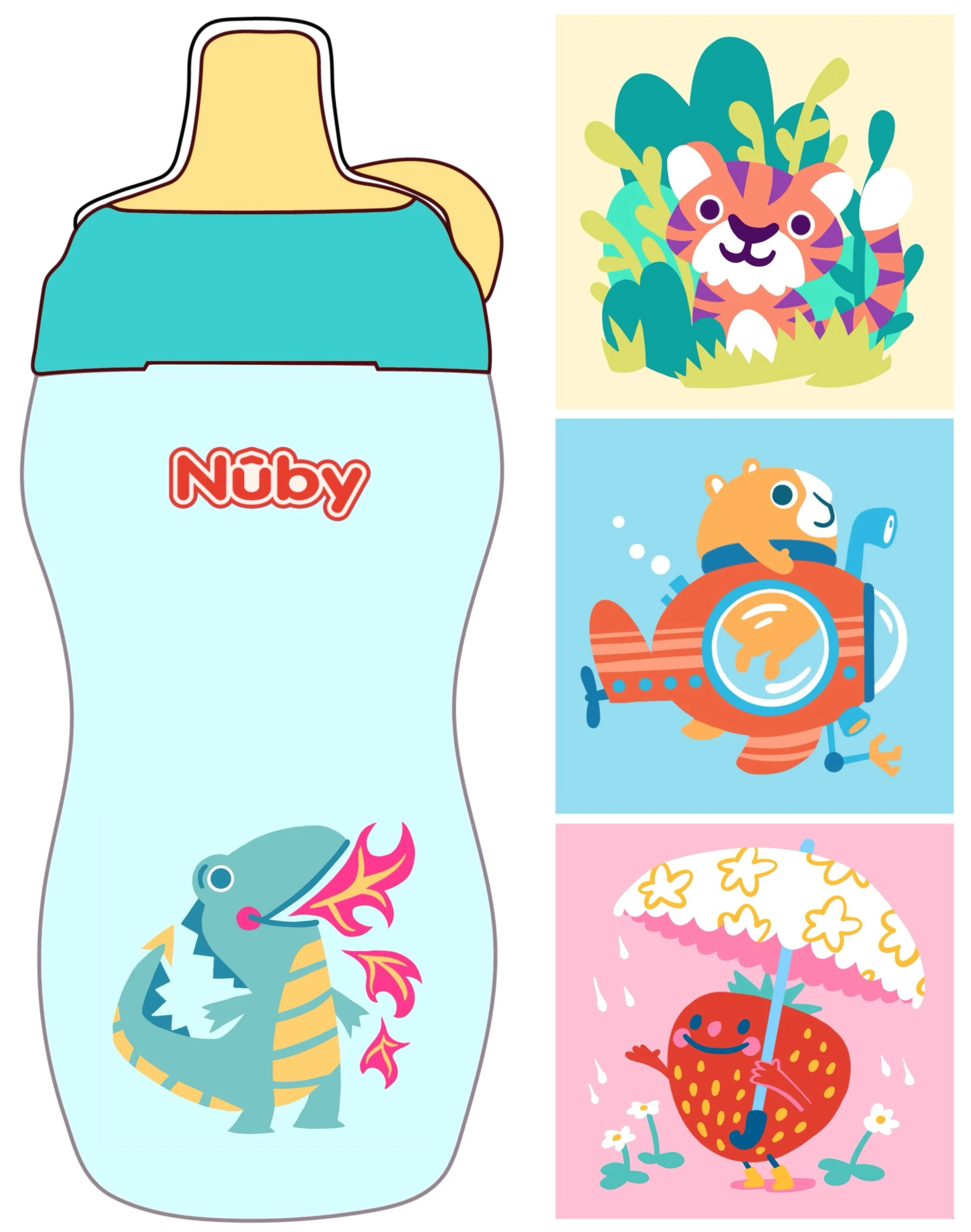 Colorful illustration of a water bottle with a dinosaur, tiger in greenery, a bear flying a plane, smiling strawberry and umbrella. Author-Illustrator Mari Richards picture book illustration, toy design, art, animals, quirky kids, magic.