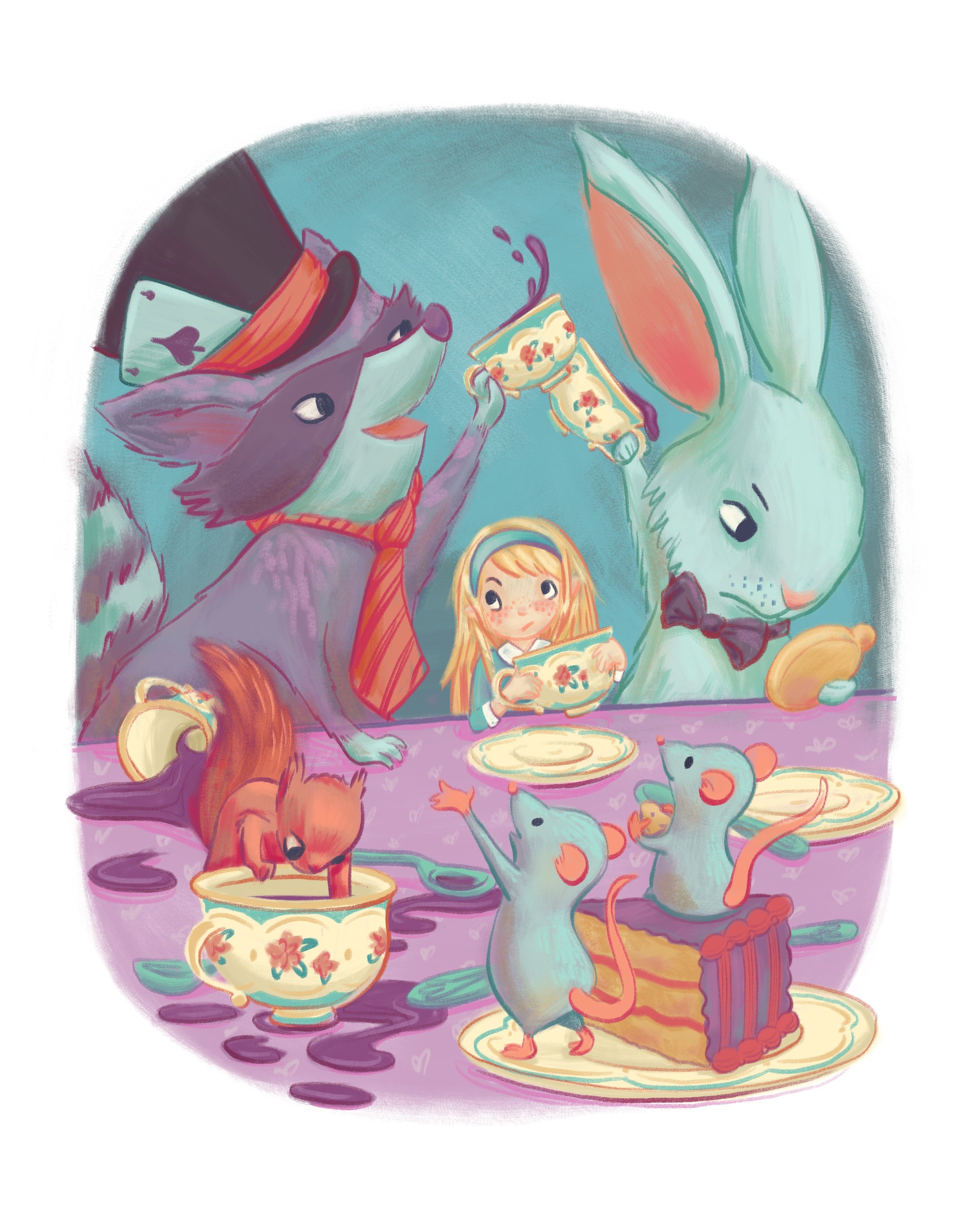 Alice in Wonderland Illustration. The girl is holding a teacup, with raccoon, rabbit, squirrel, mice, with cake and teacups on the table. Author-Illustrator Mari Richards picture book illustration and art full of magic, animals.
