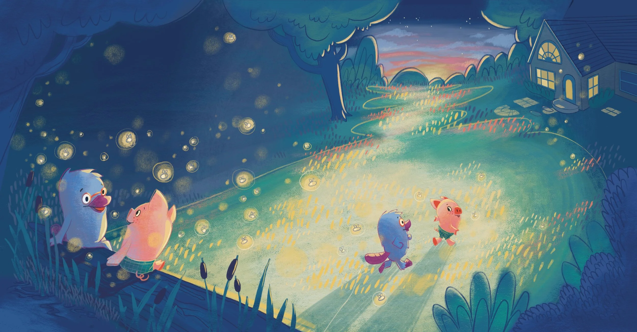 Archie and Pip at dusk, walking on a grassy path illuminated by fireflies. Author-Illustrator Mari Richards picture book illustration and art full of monsters, animals, quirky kids, diversity, and magic.