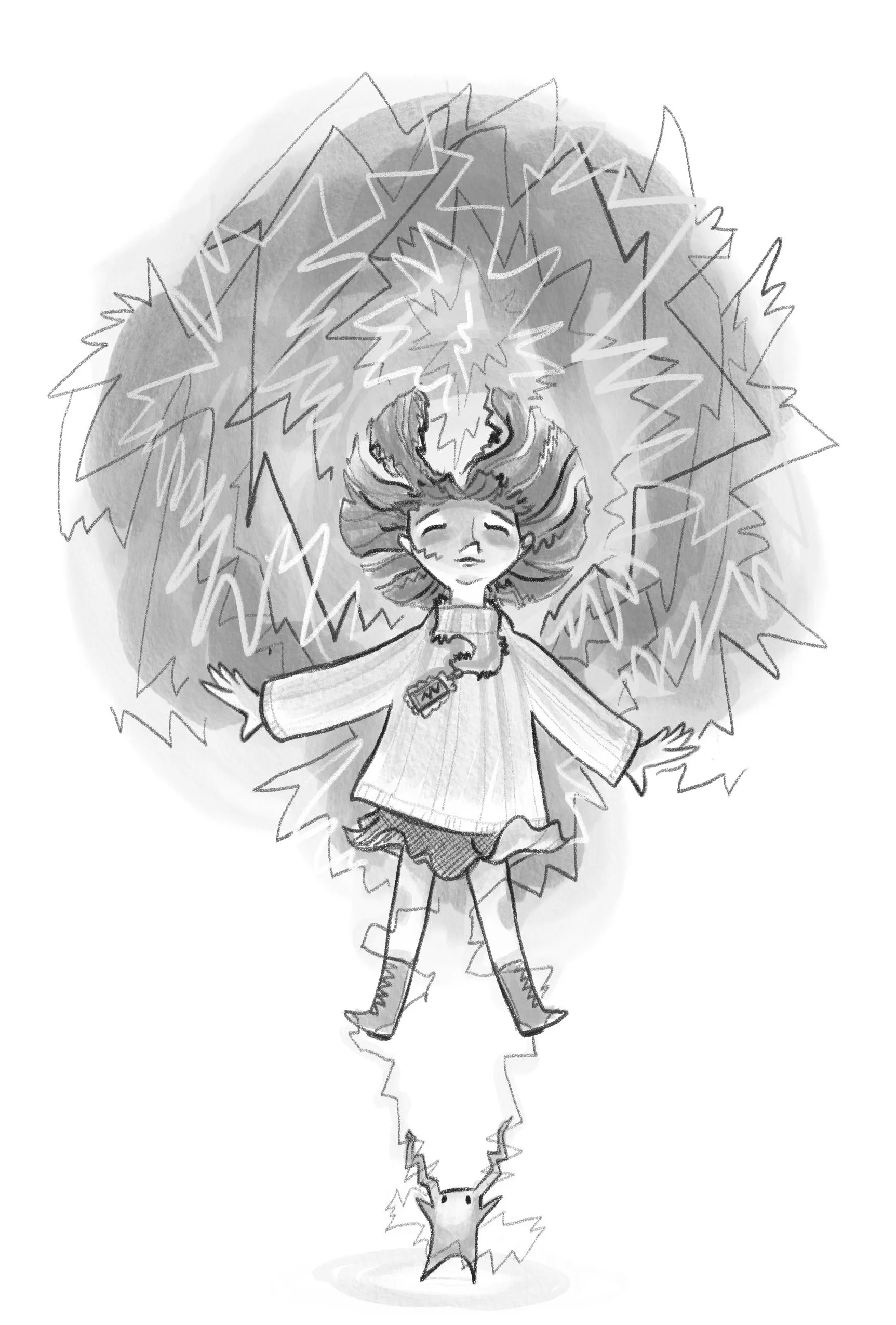 A sketch of a girl with wild hair standing with arms outstretched, surrounded by lightning and energy. Author-Illustrator Mari Richards picture book illustration and art full of monsters, animals, quirky kids, diversity, and magic.