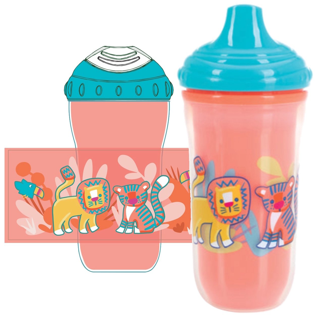 surface pattern design and illustration -  pink children’s sippy cup with a blue lid decorated with illustrated lions and a jungle theme. Author-Illustrator Mari Richards picture book illustration and art full of monsters, animals, quirky kids.