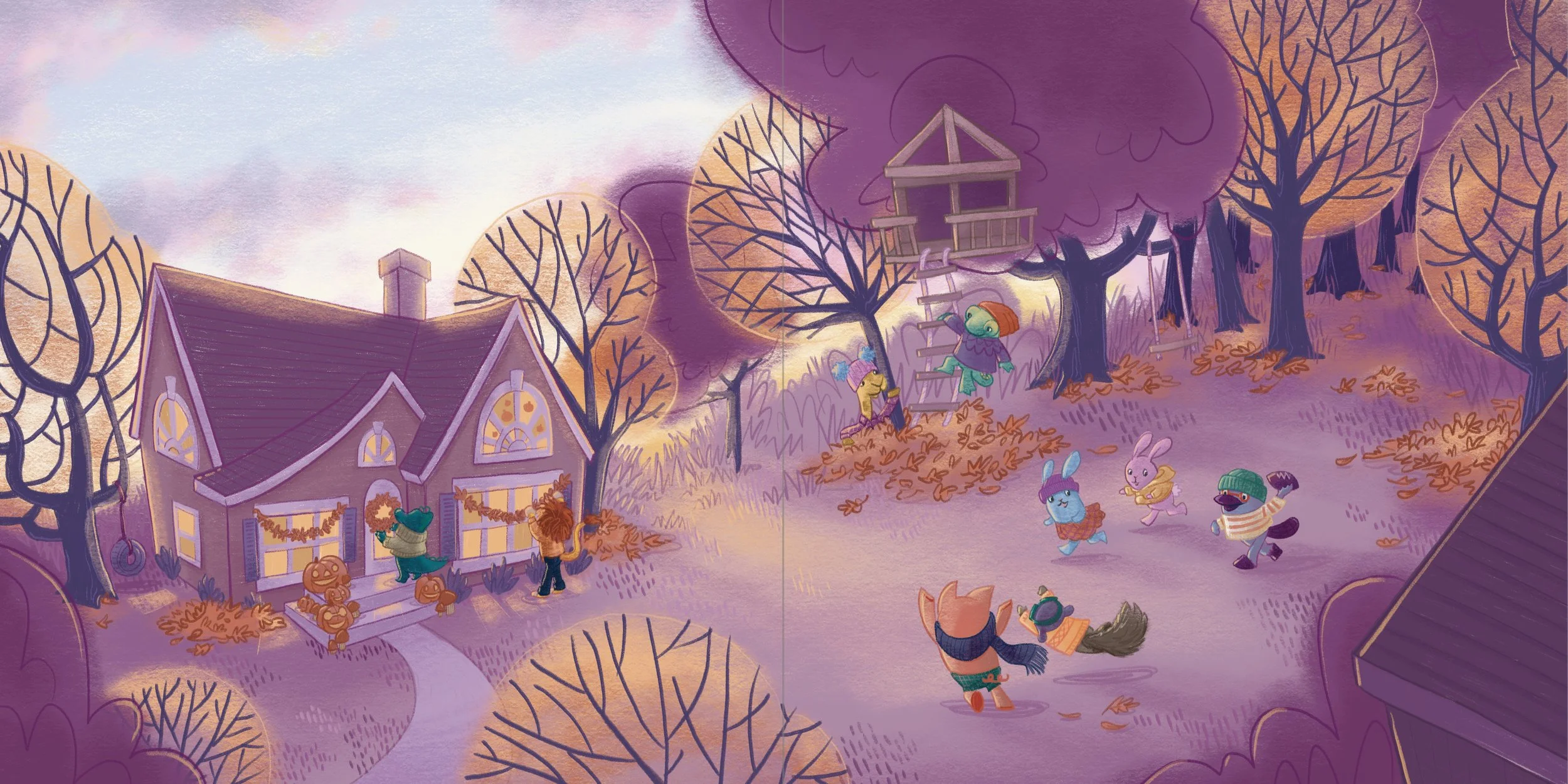 Archie and Pip - fall neighborhood with a house decorated for Halloween, kids in costumes playing outside, and trees with autumn leaves, twilight. Author-Illustrator Mari Richards picture book illustration and art full of monsters, quirky kids