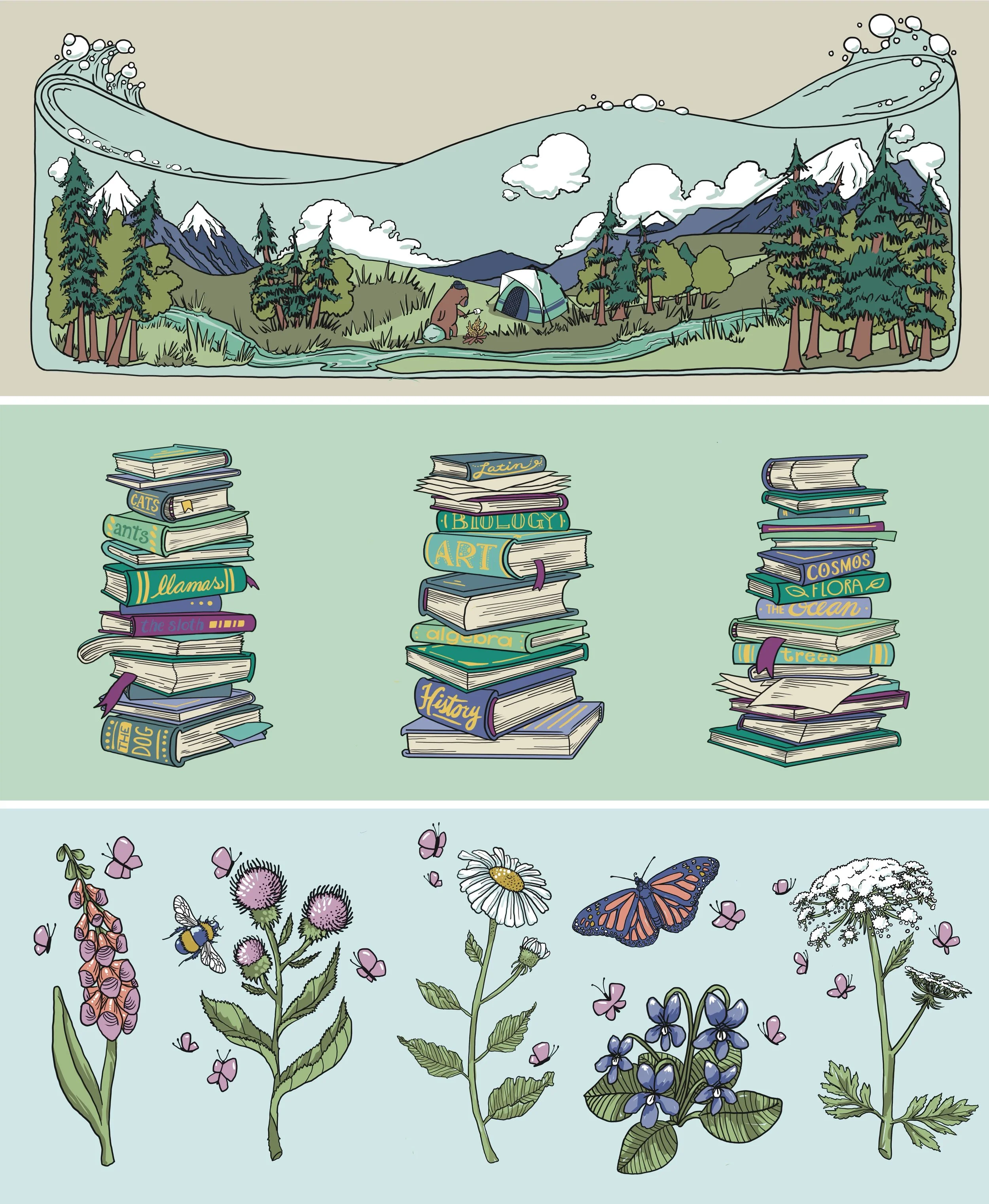 Surface Pattern Design: Water Bottle mountain landscape with camping, stacks of books, wildflowers, butterflies, bees, and insects. Author-Illustrator Mari Richards picture book illustration, toy design, art, monsters, animals, quirky kids, magic.