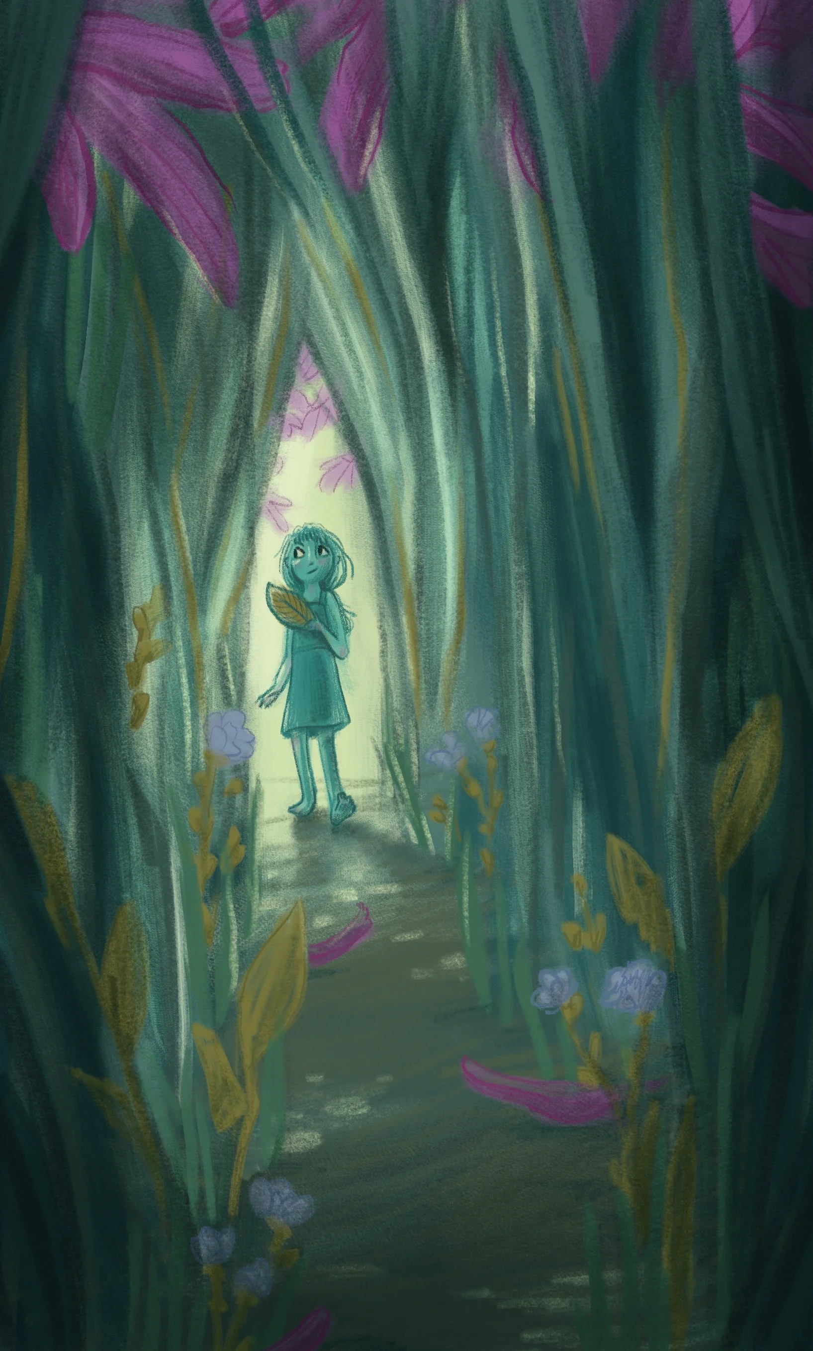 Tiny fairy girl walking from sunlit garden into shaded plants, flowers, leaves, magical world. Mari Richards picture book illustration and art full of monsters, animals, quirky kids, diversity, and magic.