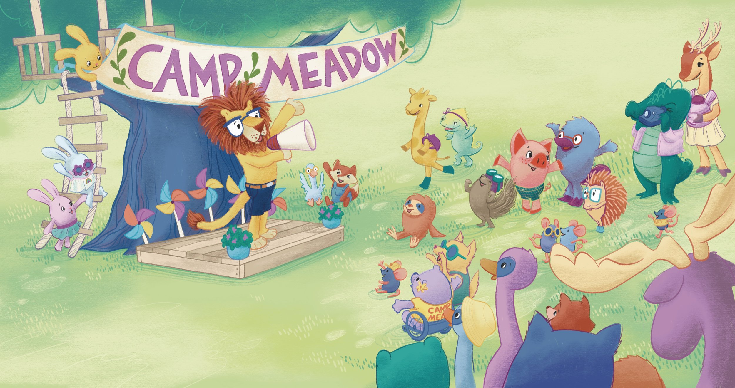 Archie and Pip vibrant, colorful summer scene of backyard celebration and camp vibes, animals, sunglasses, treehouse, pig, platypus. Author-Illustrator Mari Richards picture book illustration, art, monsters, magic.