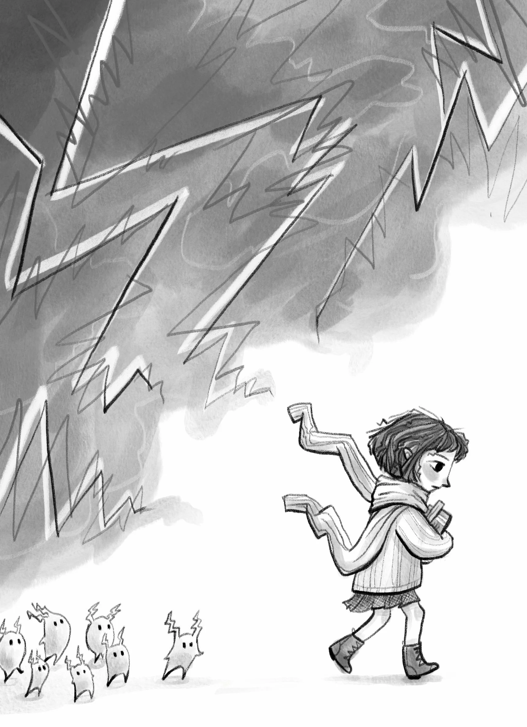 A girl walking away from a group of small ghost-like creatures, large storm clouds and lightning bolts, black and white art. Author-Illustrator Mari Richards picture book illustration and art full of monsters, animals, quirky kids.