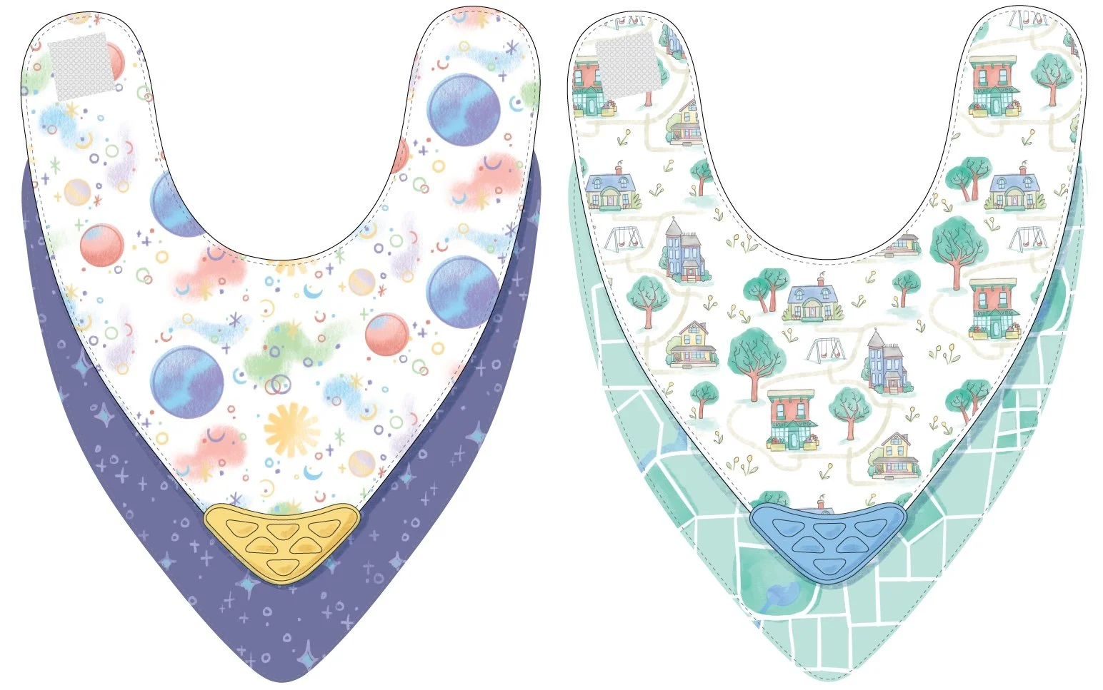 Surface Pattern Design - Two bibs, teether bibs, scarves, bandanas, one with a space-themed design with planets and stars, and the other with a neighborhood scene featuring houses and trees. Author-Illustrator Mari Richards picture book illustration.