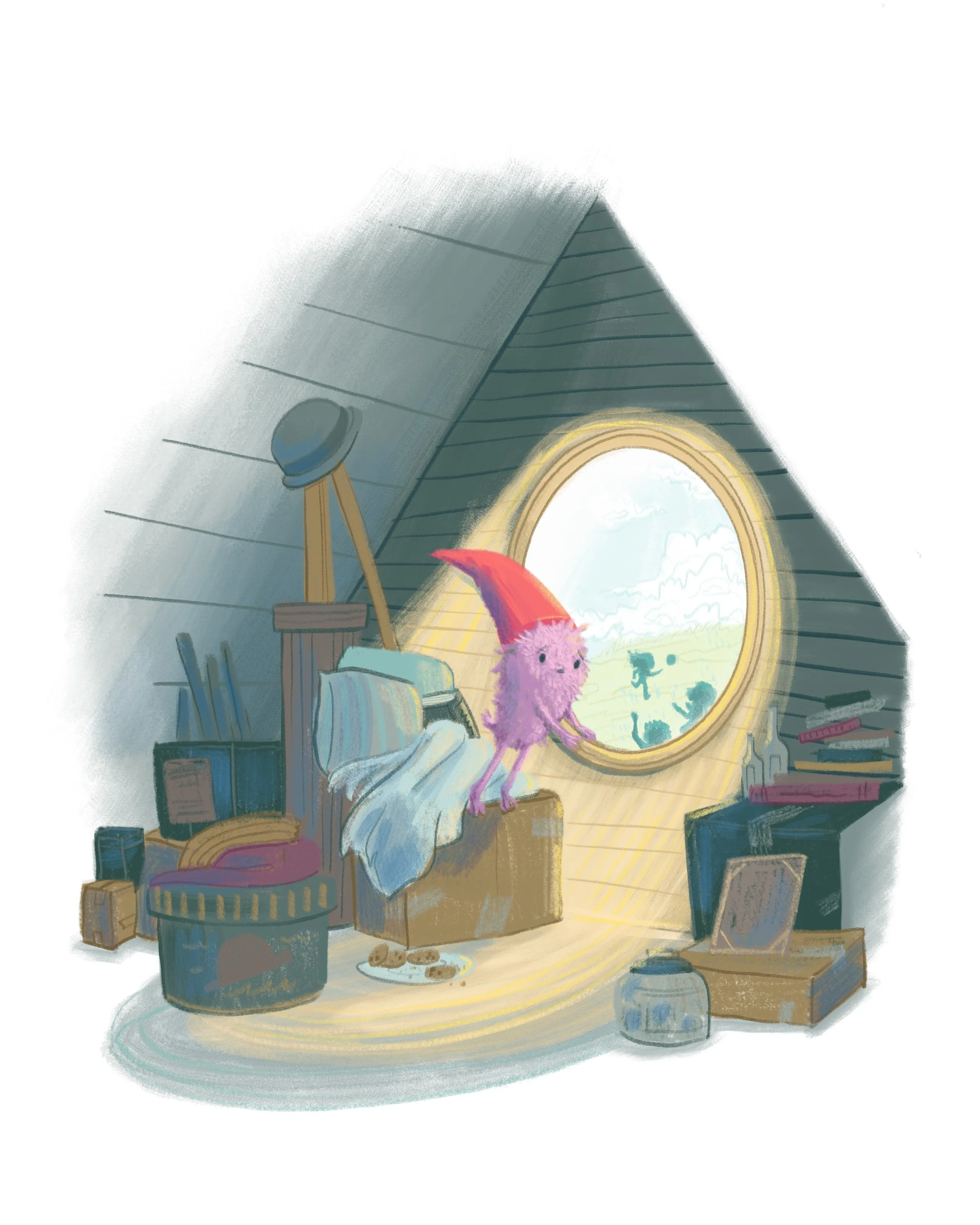 A small modern attic illustration with a sad, lonely little elf monster imaginary creature looking out a sunny window. Surrounded by attic forgotten things boxes, blanket, and books. Author-Illustrator Mari Richards picture book illustration and art 