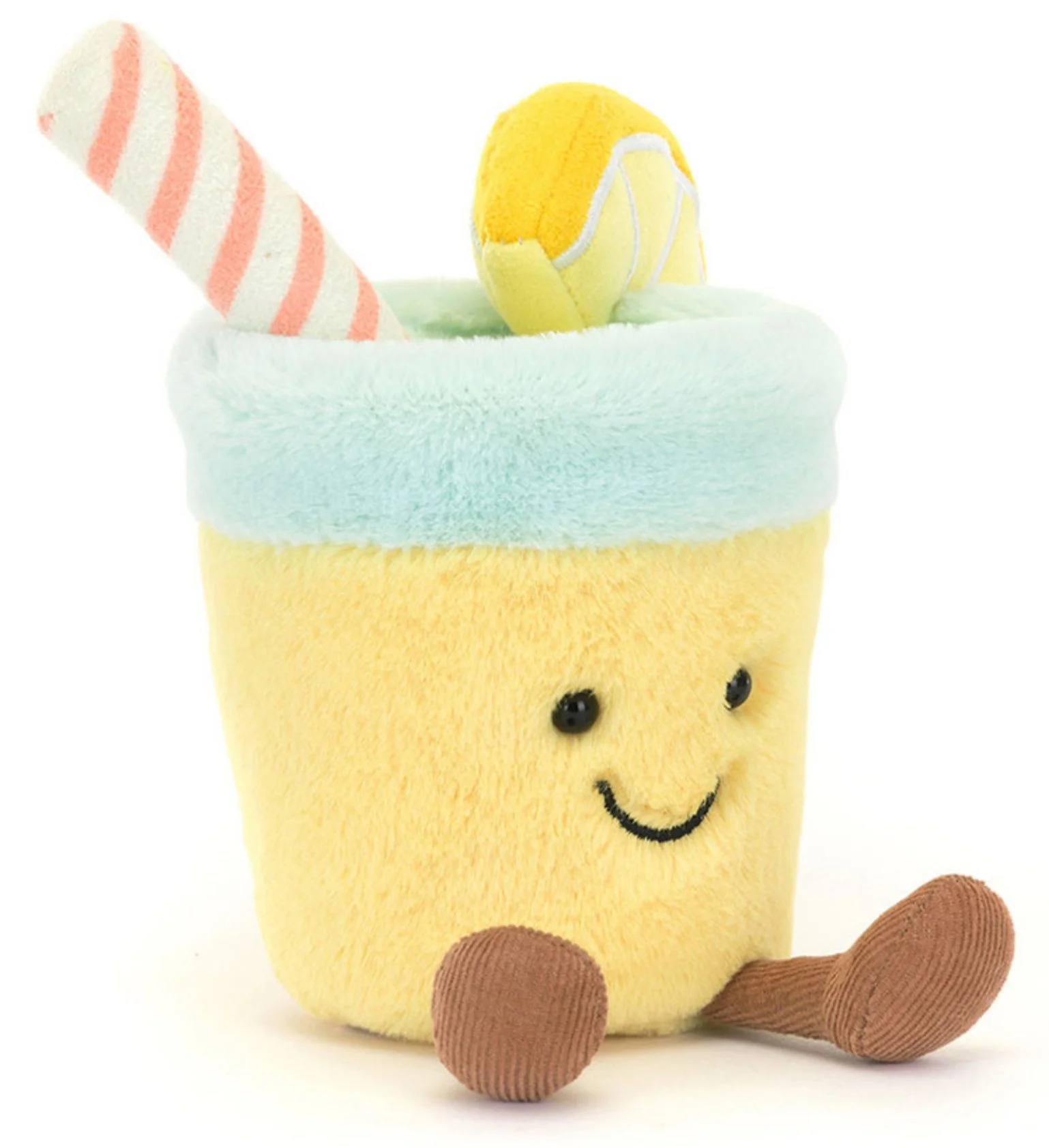 Character design, product design - Stuffie plush toy lemonade with striped straw, lemon slice, sweet smile. Author-Illustrator Mari Richards picture book illustration and art full of monsters, animals, quirky kids.