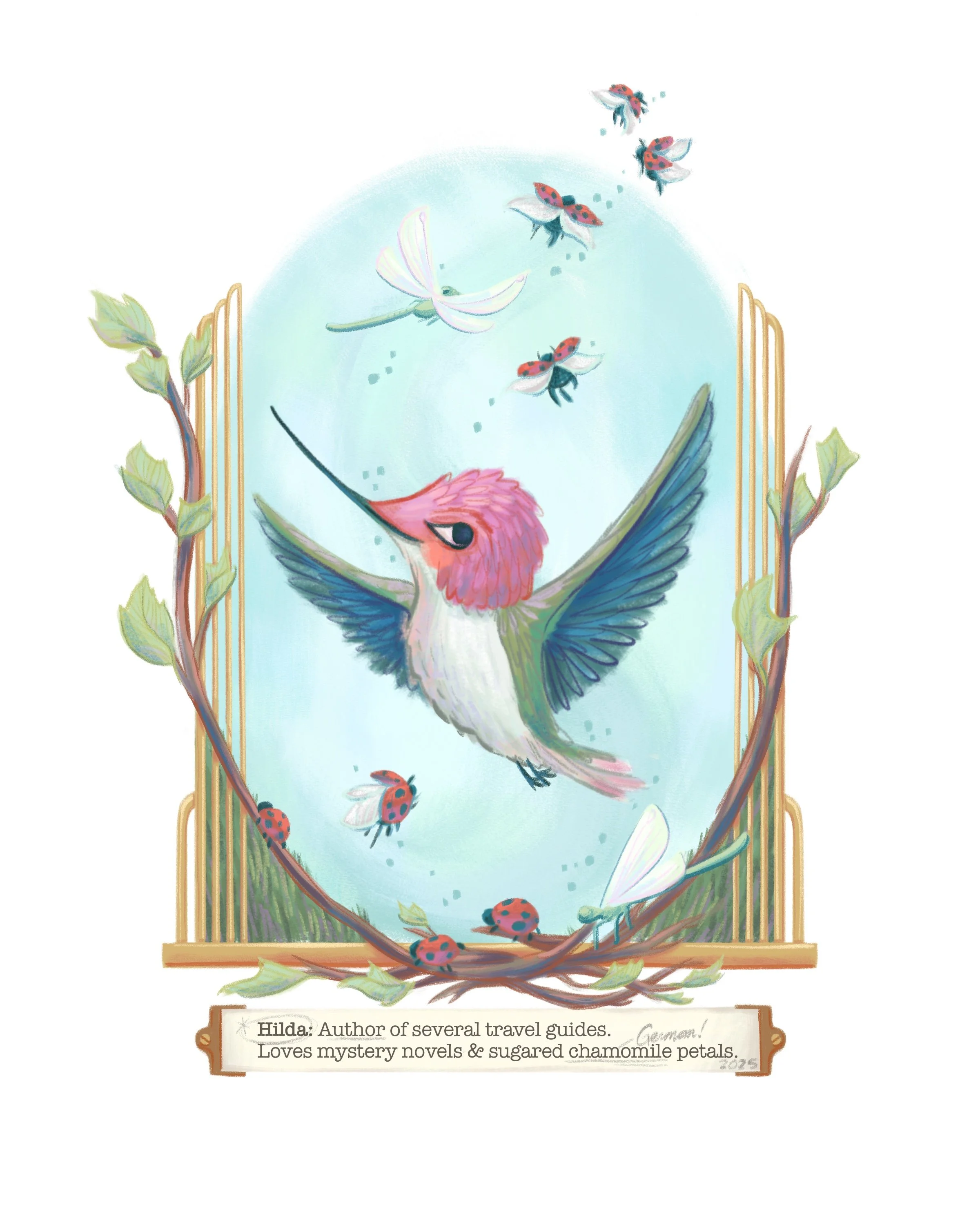 Illustration of a colorful hummingbird flying in a window with tiny ladybugs and white dragonflies. Hilda as an author who loves mystery novels and sugared chamomile petals. Author-Illustrator Mari Richards picture book illustration.