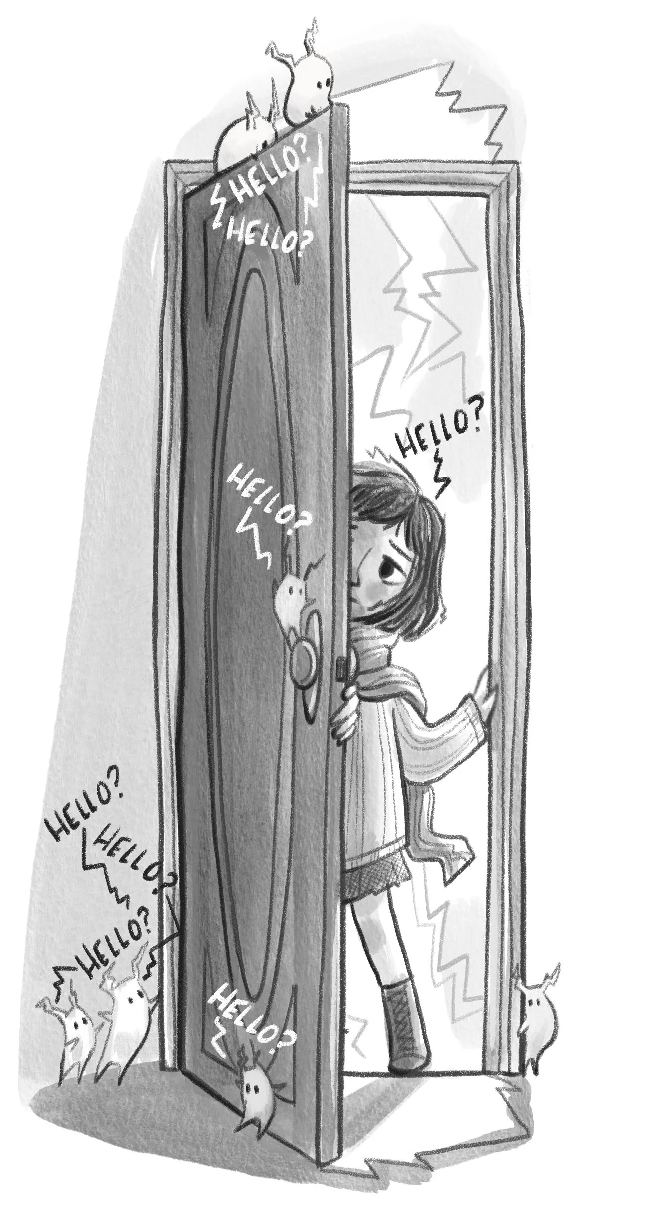 A girl peeking through a doorway, with small ghost-like creatures around her, all saying 'HELLO?' in speech bubbles. Author-Illustrator Mari Richards picture book illustration and art full of monsters, animals, quirky kids, diversity, and magic.