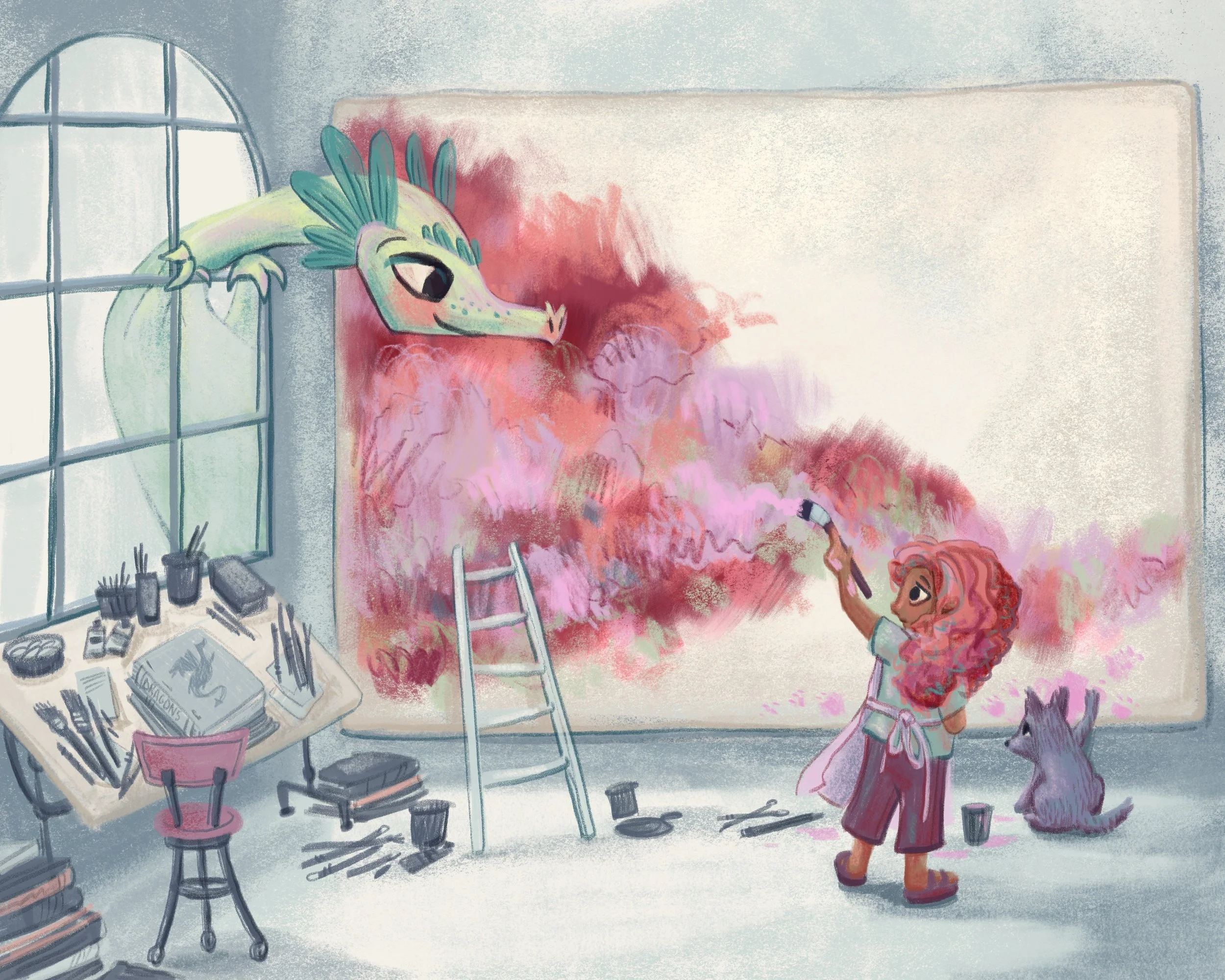 Little girl abstractpainting with dog and a dragon surprises them through the window, art studio, paint, canvas, magic, whimsy. Author-Illustrator Mari Richards picture book illustration and art full of monsters, animals, quirky kids, diversity, and 