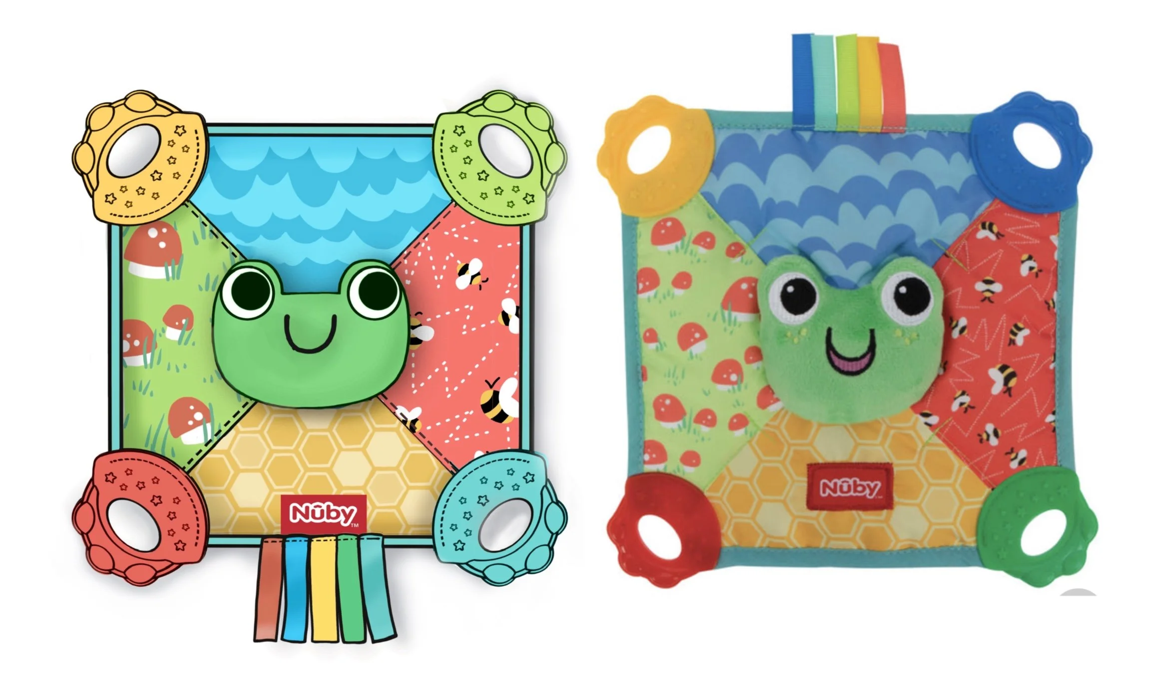 Toy Design - Soft plush baby toy with a frog face, colorful fabric patches, and rainbow ribbons, made by Nuby. Author-Illustrator Mari Richards picture book illustration and art full of monsters, animals, quirky kids.