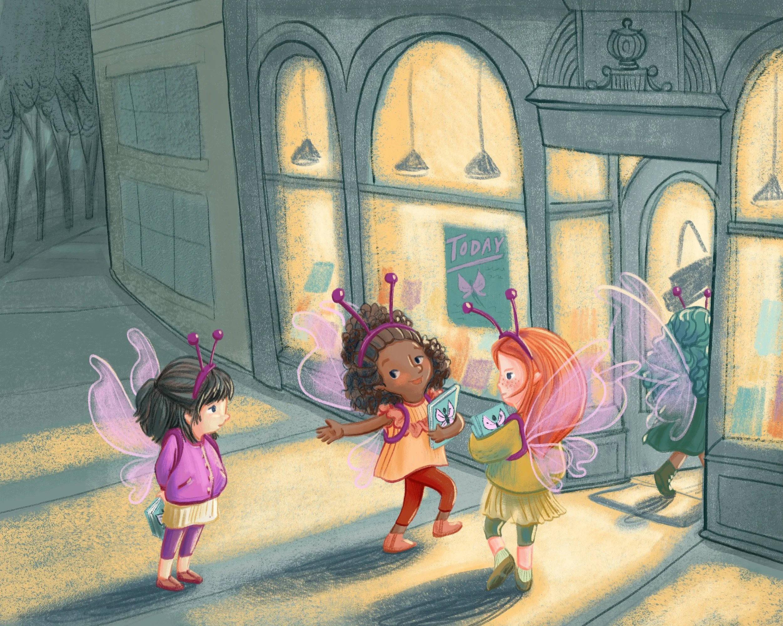 Three young girls dressed as fairies, with wings and antennae headbands, standing outside a shop at night. Author-Illustrator Mari Richards picture book illustration and art full of monsters, animals, quirky kids, diversity, and magic.