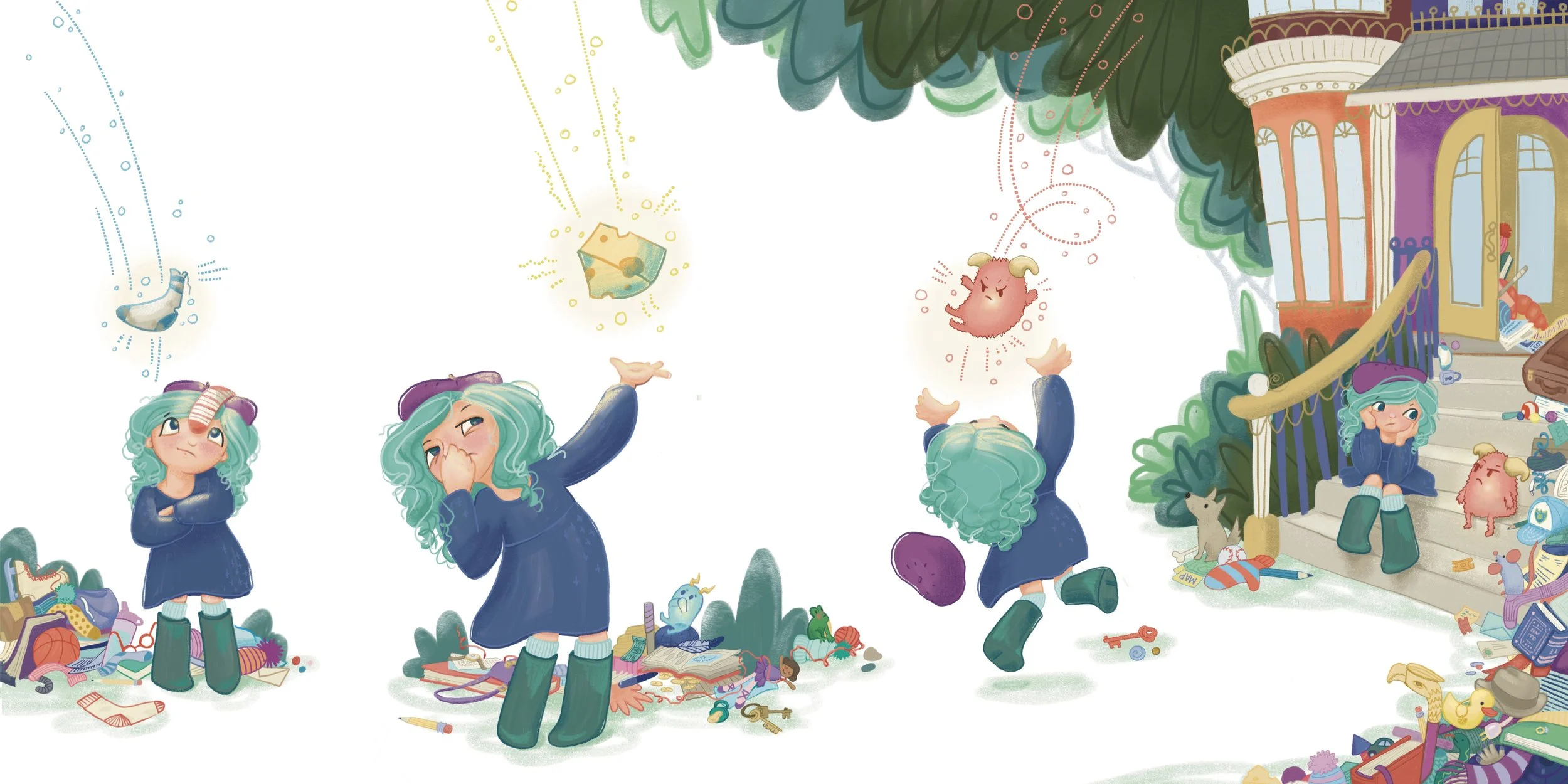 Illustration of a girl with blue curly hair, in different emotions and actions: thinking, throwing a rock, jumping, and sitting on front steps of a house surrounded by scattered lost things. Author-Illustrator Mari Richards picture book illustration 