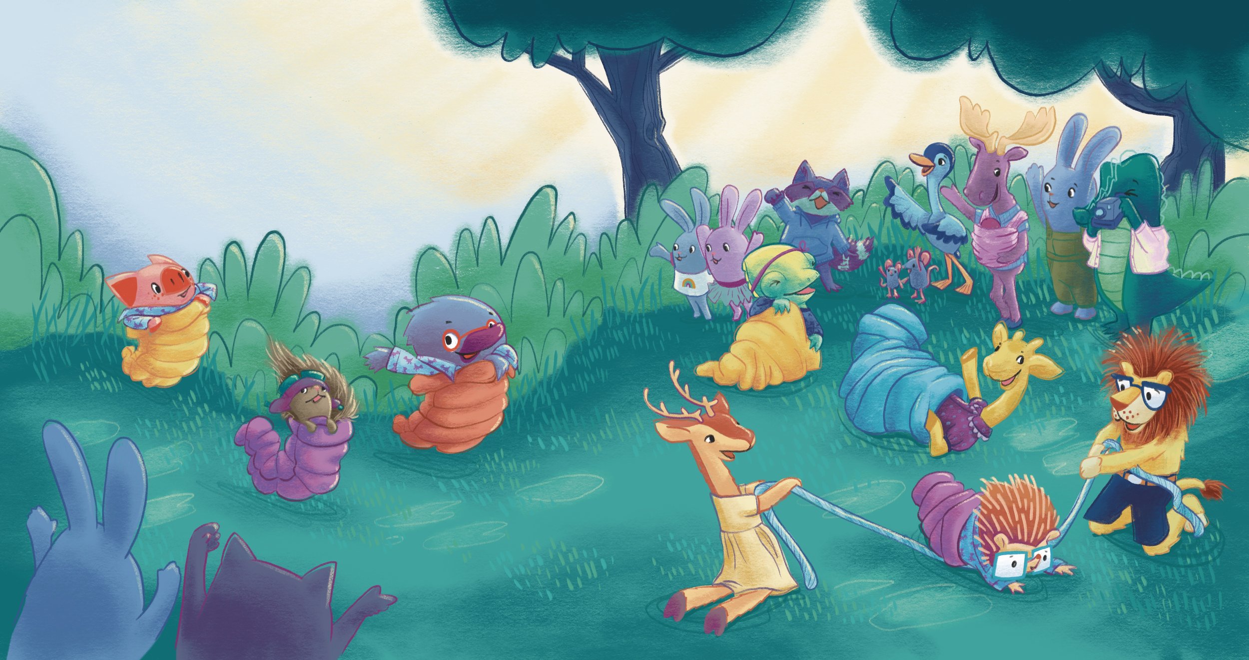 Archie and Pip twilight evening camp backyard play with sleeping bags race to the finish line. Author-Illustrator Mari Richards picture book illustration, art, monsters, magic.