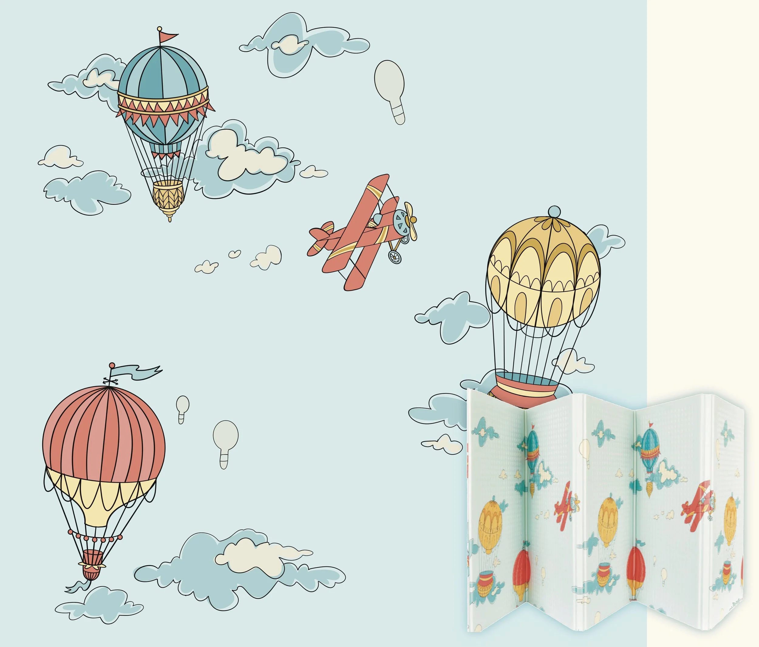 Surface Pattern Design Illustration -  hot air balloons, an airplane, clouds, featured on playmat. Author-Illustrator Mari Richards picture book illustration and art full of monsters, animals, quirky kids.
