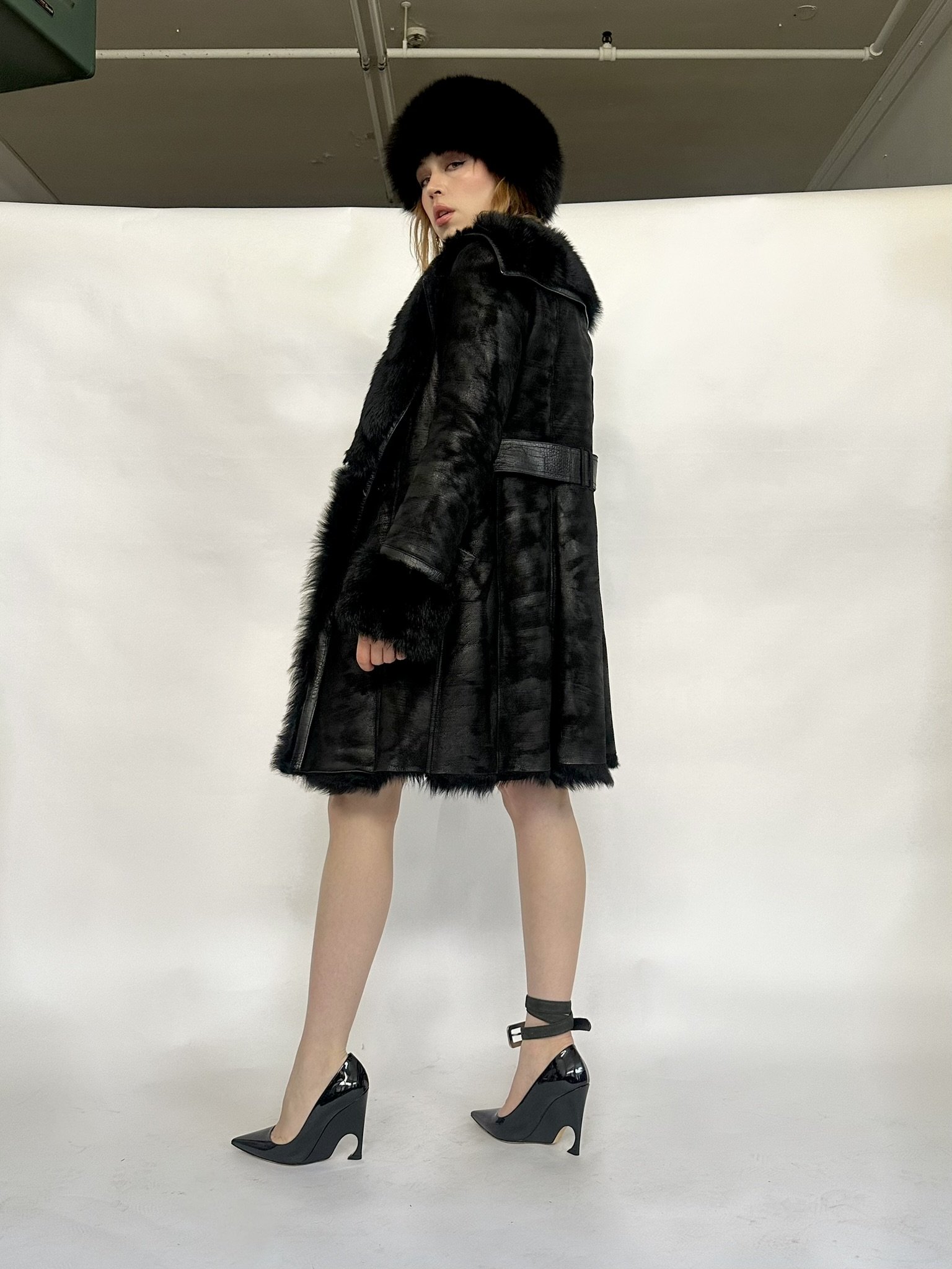 Patrizia Pepe Black Shearling Fur Coat
