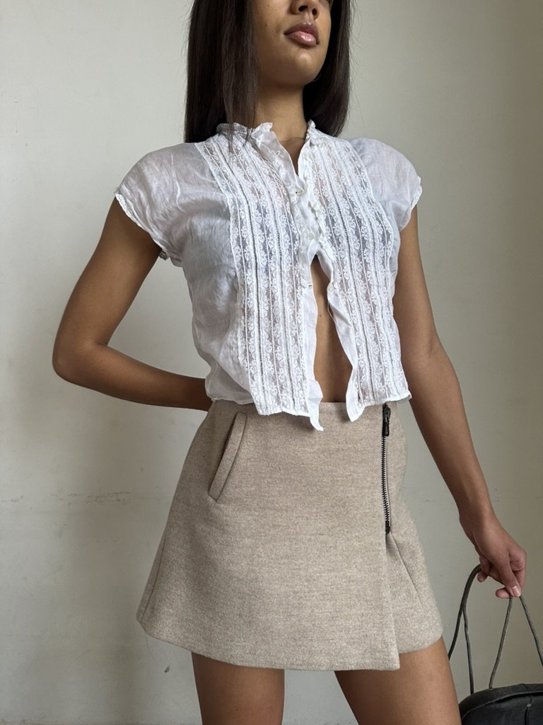 Miu Miu Taupe Wool Mini Side Zip Skirt