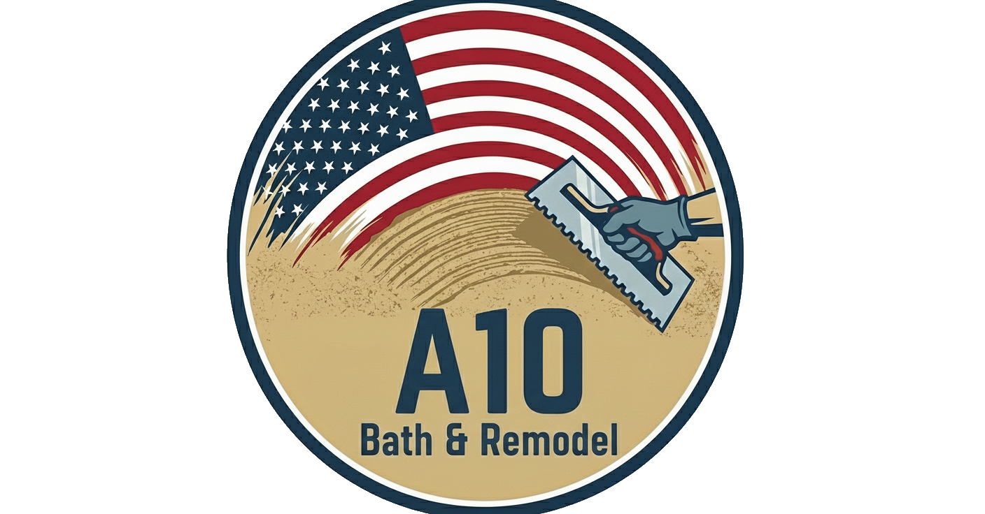 Logo for A10 Bath & Remodel, featuring the American flag, a hand with a trowel, and a background of beige building materials.